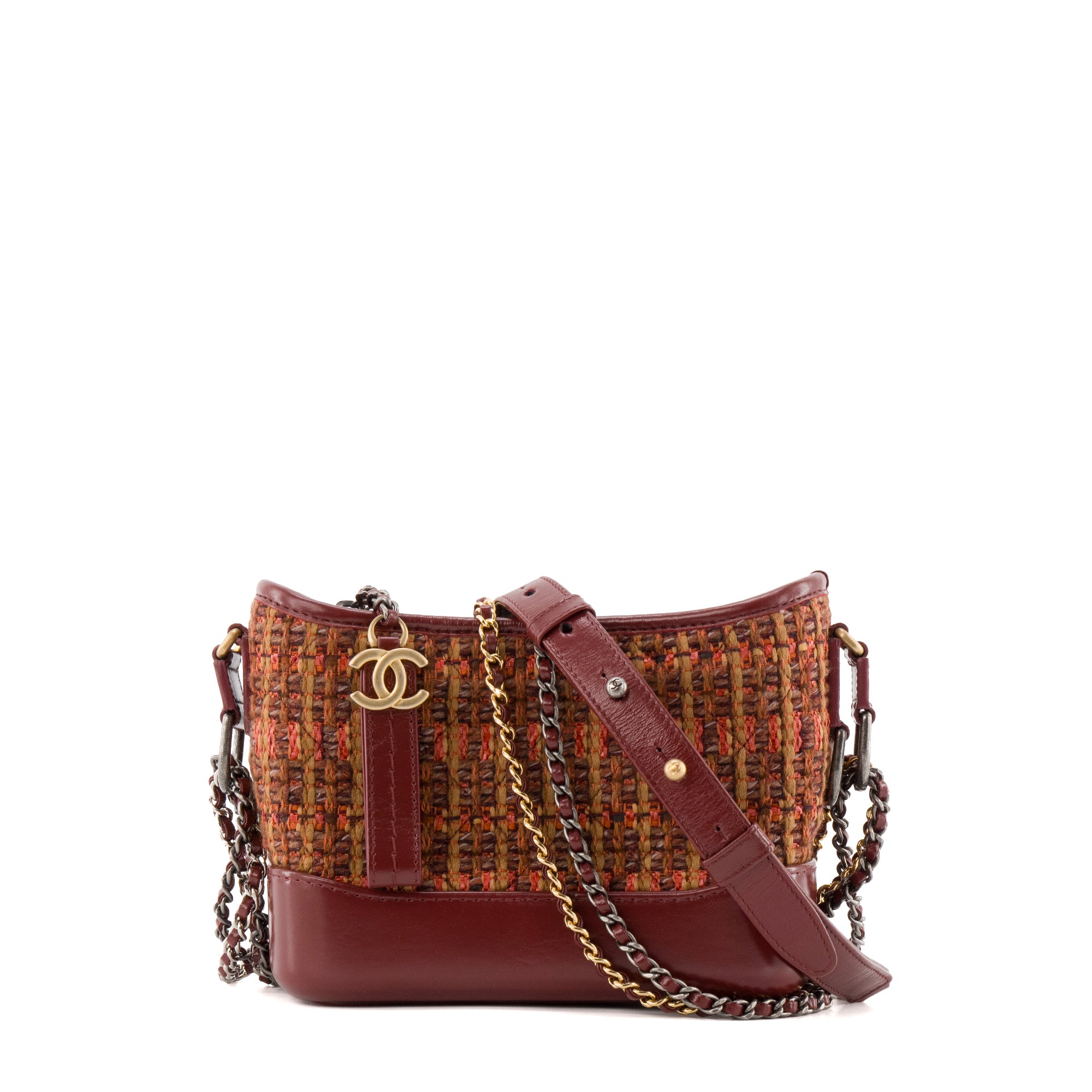 CHANEL - Sac à bandoulière Gabrielle mini Chanel en cuir et tweed bordeaux
