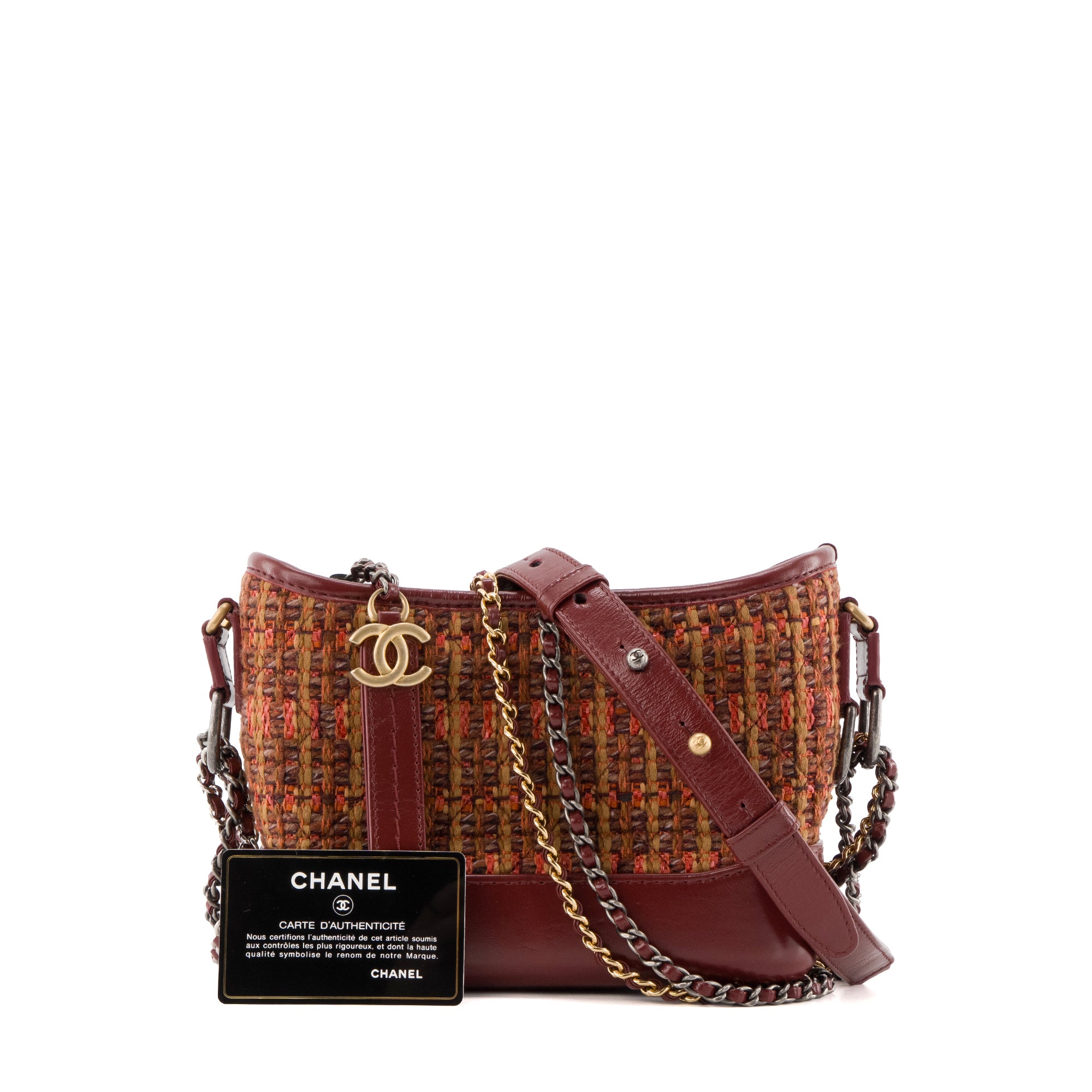 CHANEL - Sac à bandoulière Gabrielle mini Chanel en cuir et tweed bordeaux