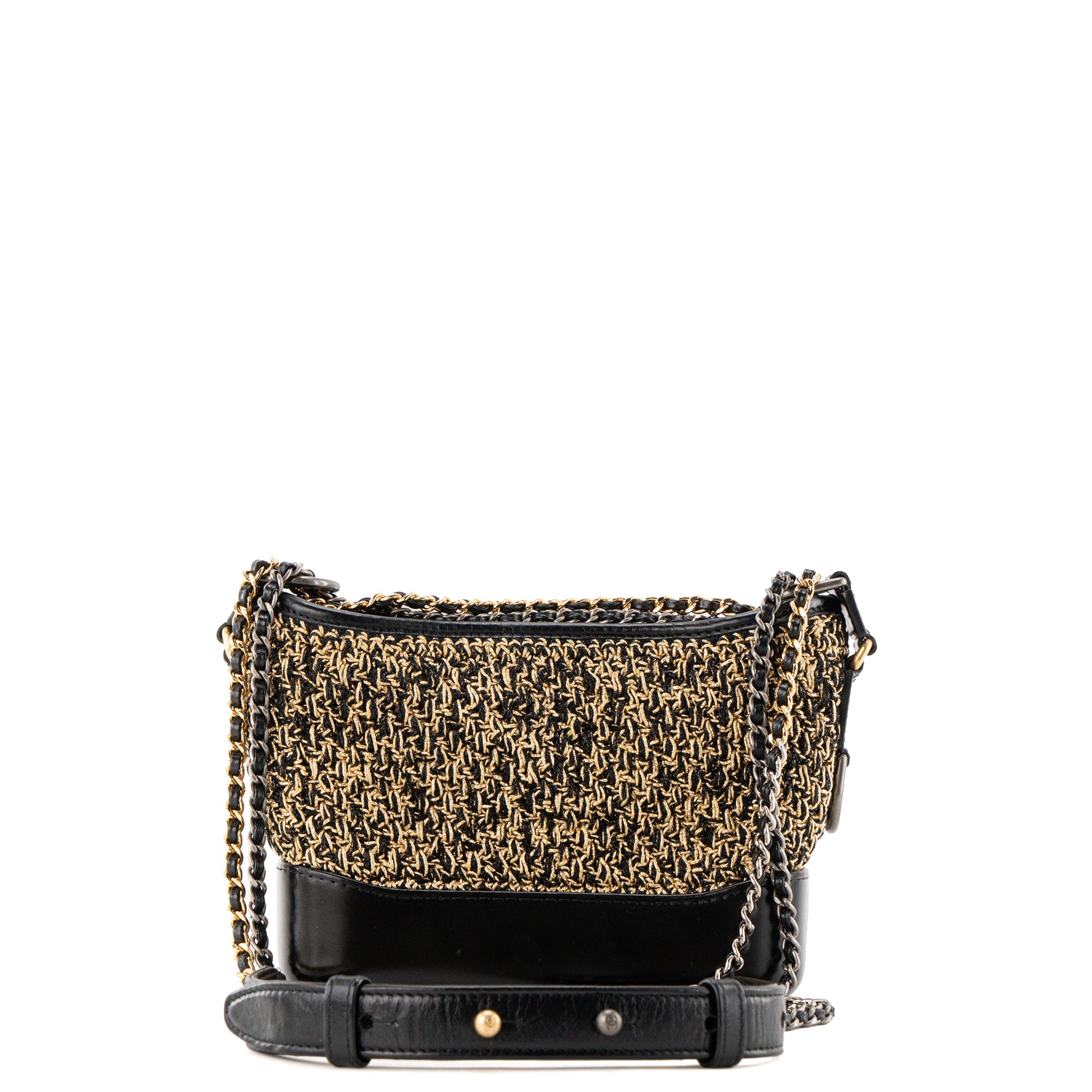 CHANEL - Sac à bandoulière Gabrielle mini Chanel en cuir noir et tweed doré