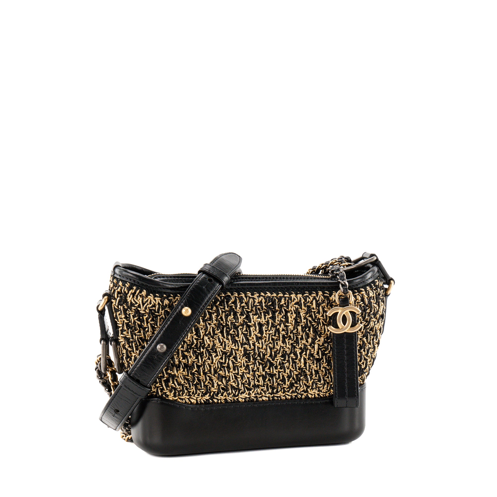 CHANEL - Sac à bandoulière Gabrielle mini Chanel en cuir noir et tweed doré