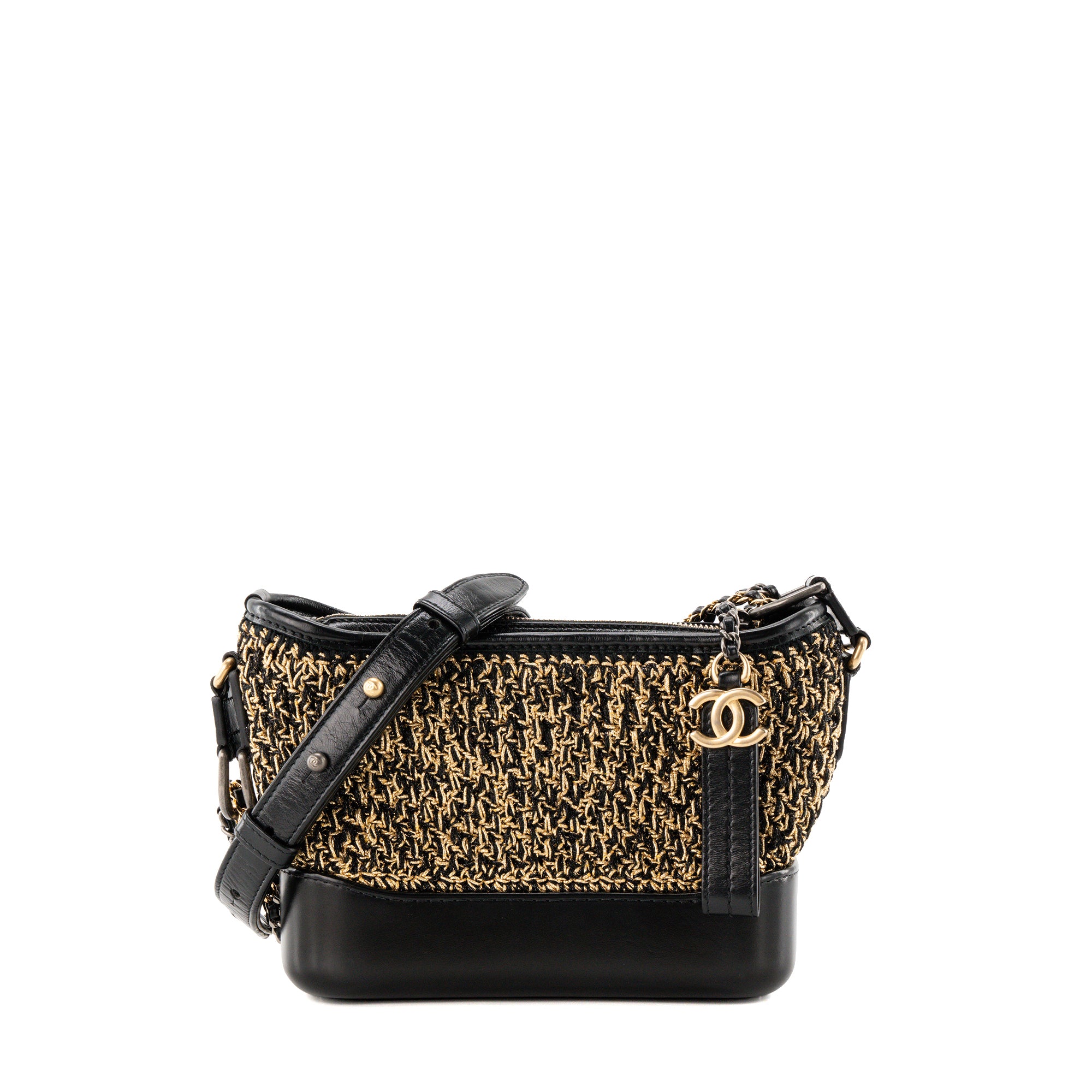 CHANEL - Sac à bandoulière Gabrielle mini Chanel en cuir noir et tweed doré