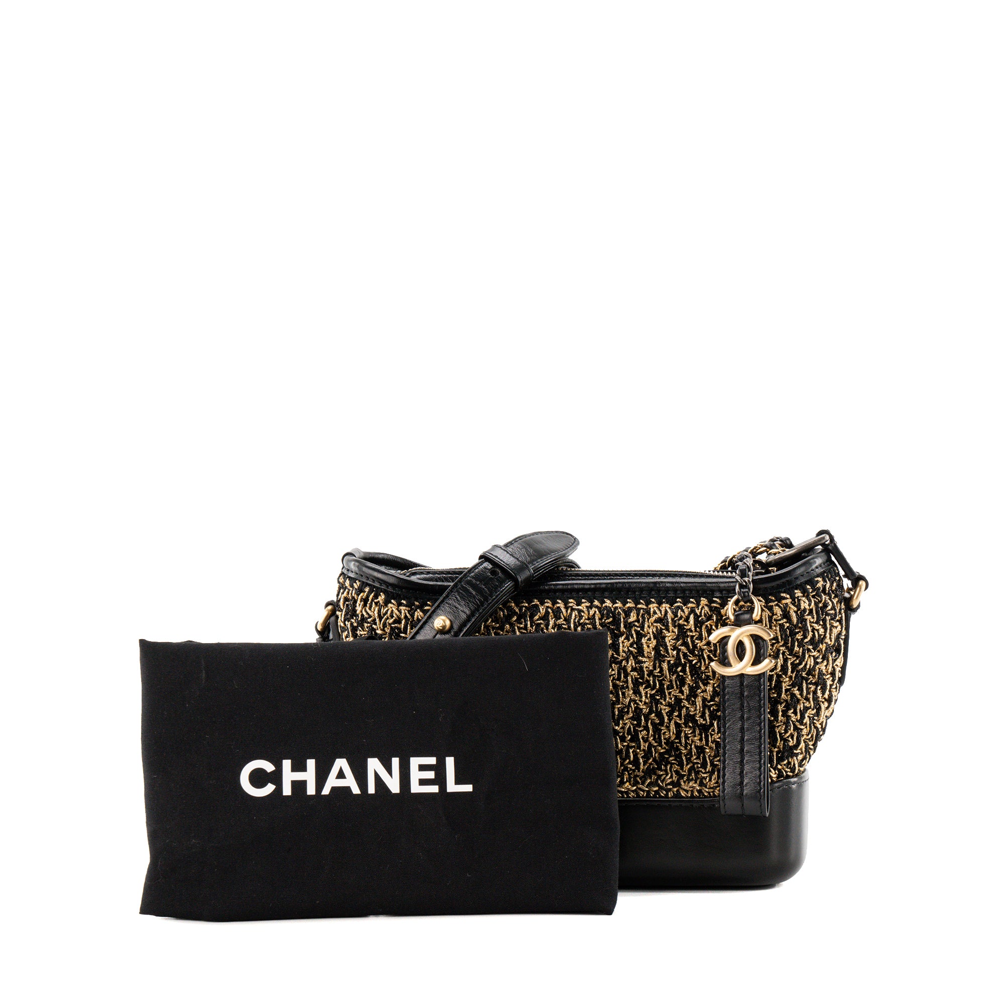 CHANEL - Sac à bandoulière Gabrielle mini Chanel en cuir noir et tweed doré