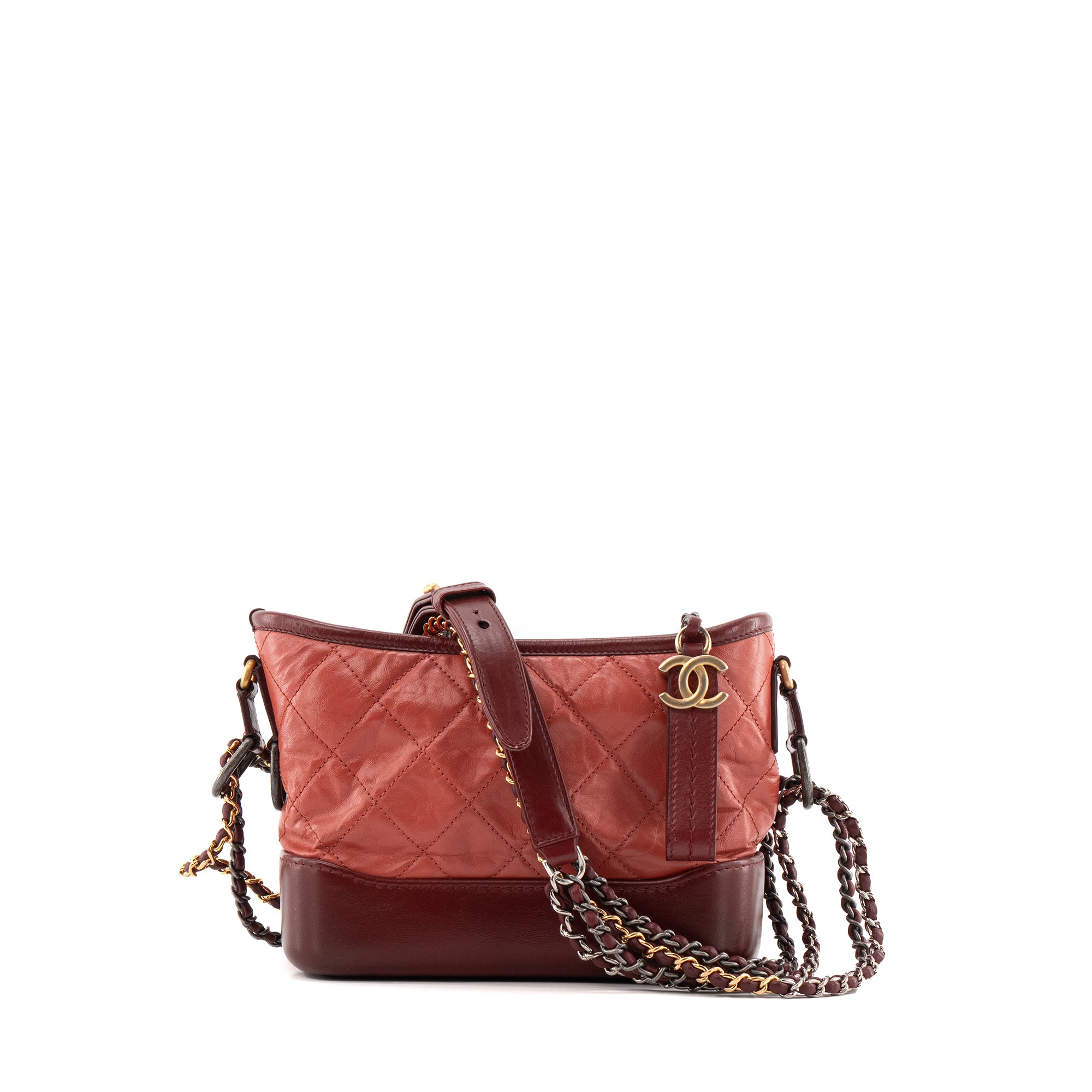 CHANEL - Sac à bandoulière Gabrielle mini Chanel en cuir rose et bordeaux