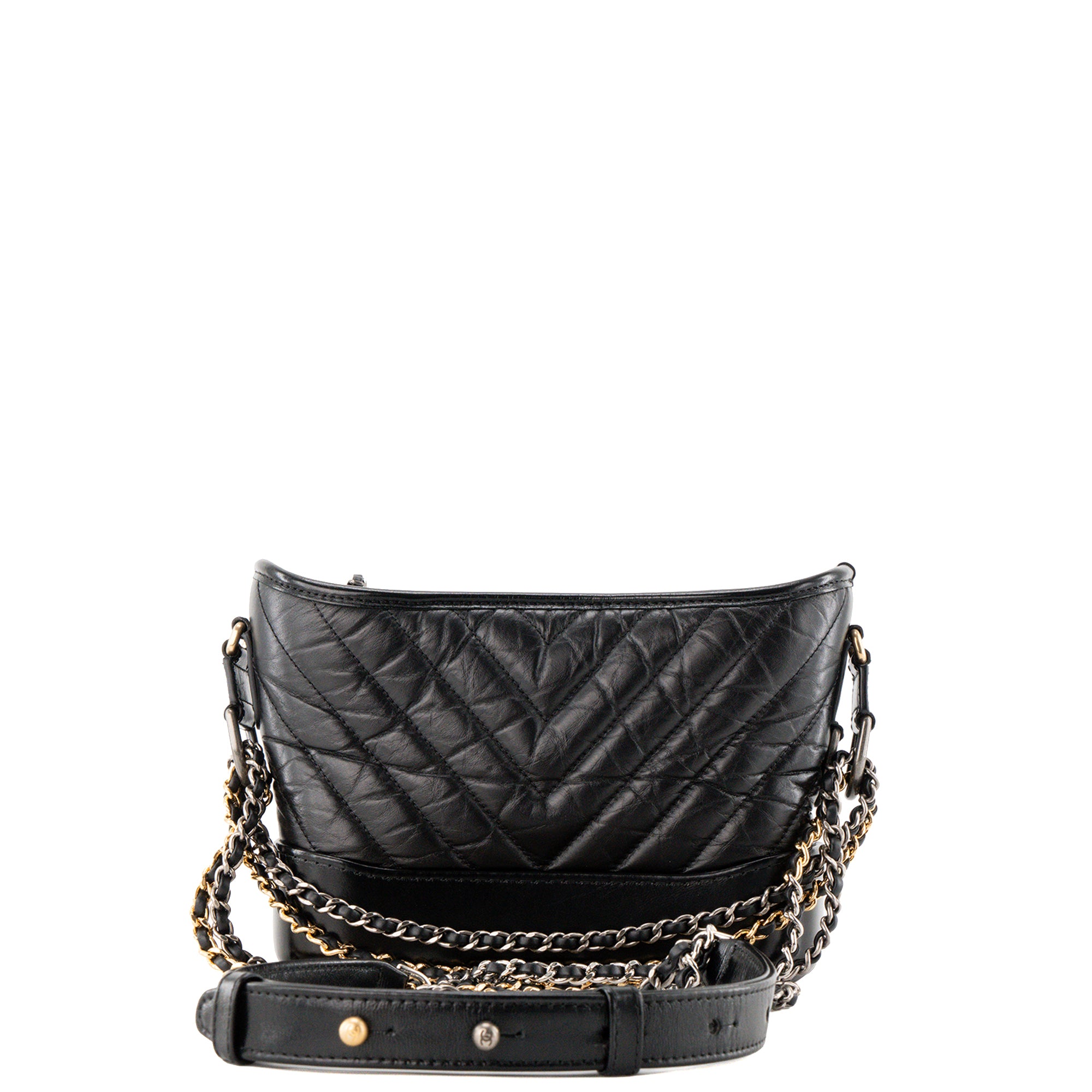 CHANEL - Sac à bandoulière Gabrielle mini chevron Chanel en cuir froissé noir