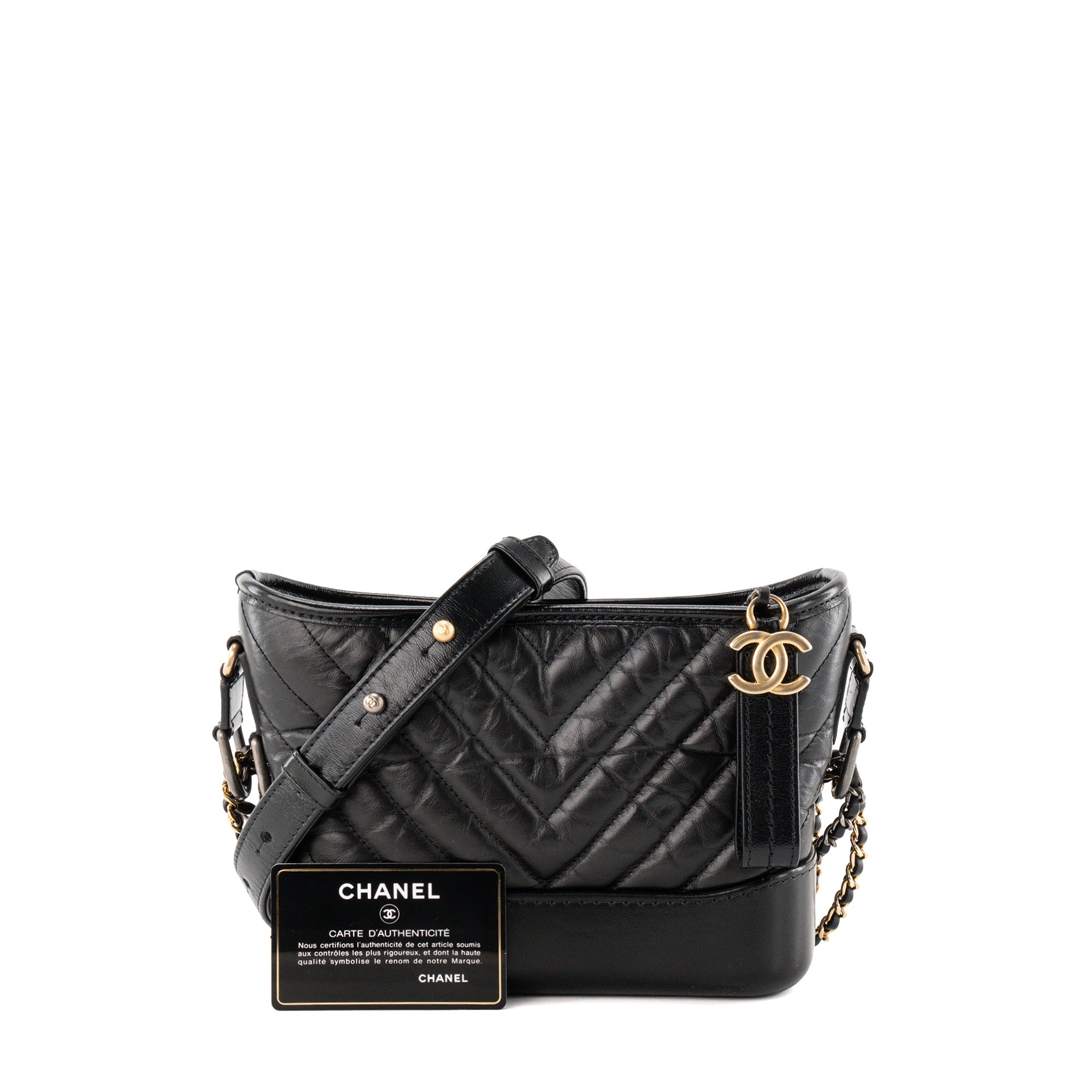 CHANEL - Sac à bandoulière Gabrielle mini chevron Chanel en cuir froissé noir