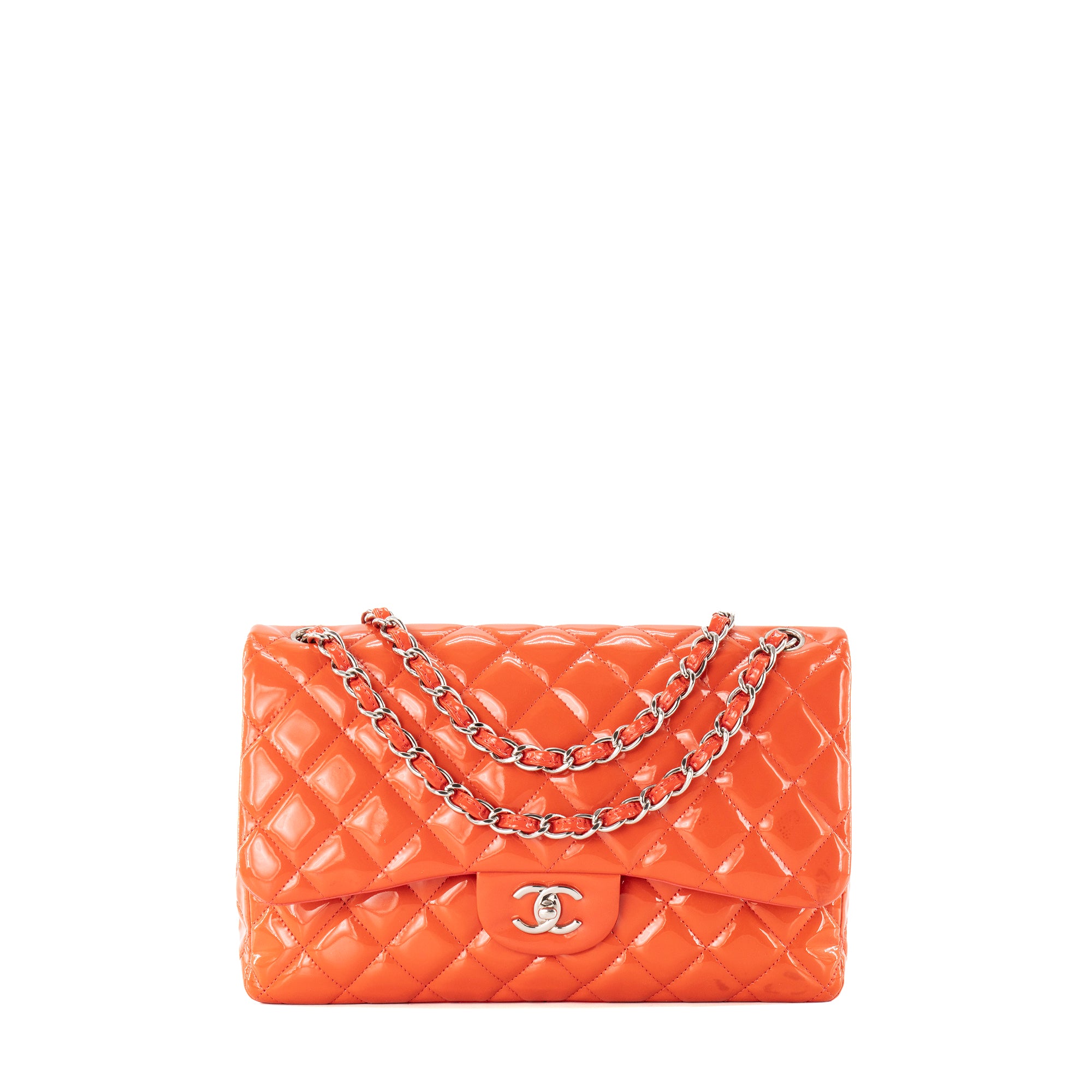 CHANEL - Sac à bandoulière Jumbo Classique/Timeless Chanel en cuir verni orange