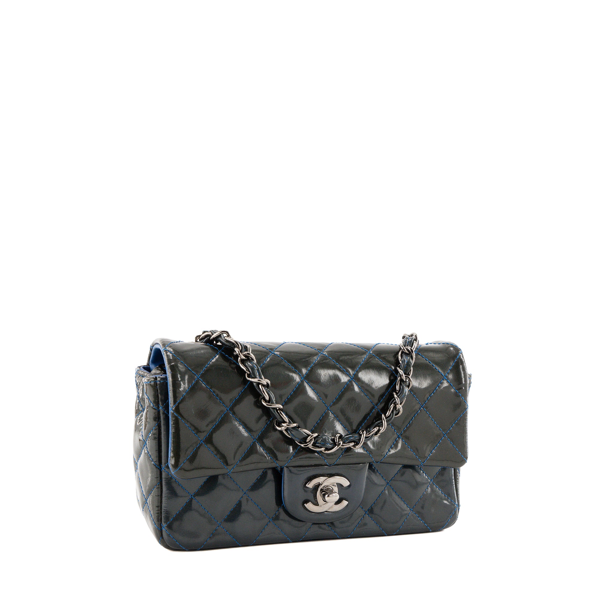 CHANEL - Sac à bandoulière Classique/Timeless Mini Rectangle Chanel en cuir verni kaki
