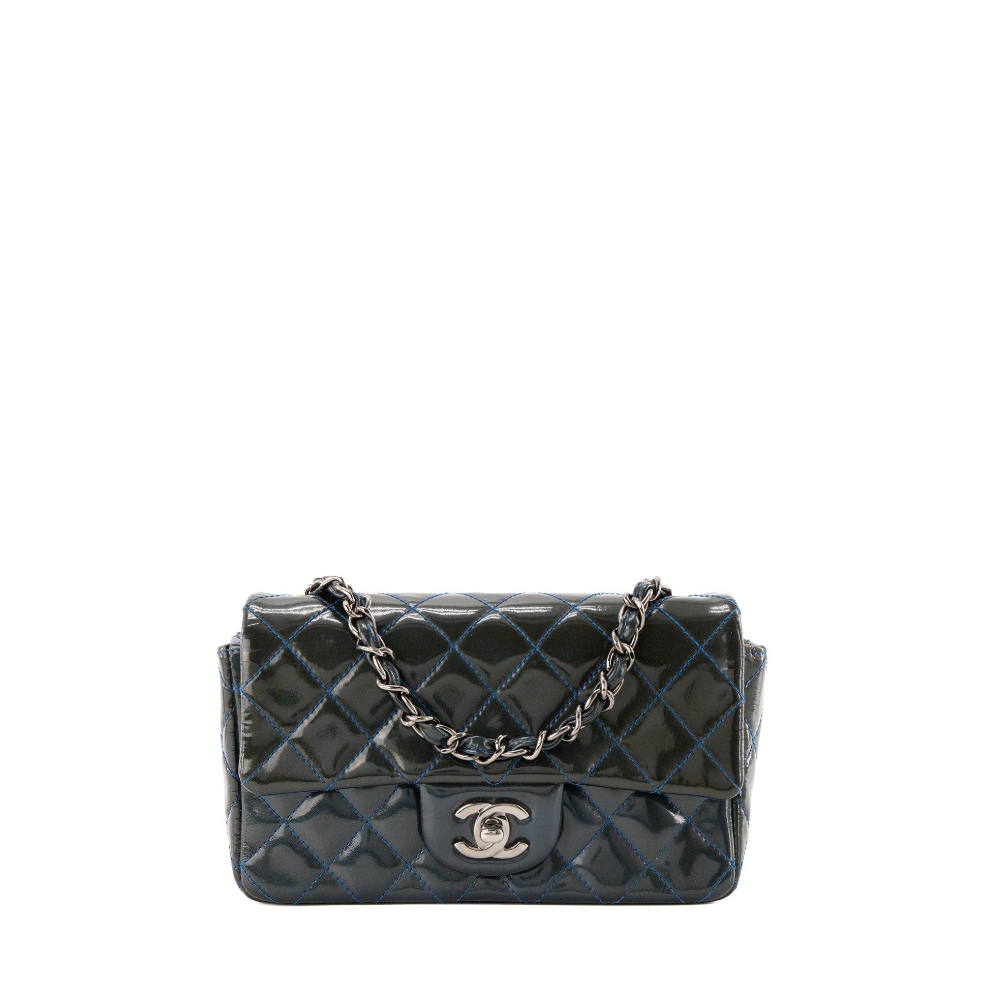 CHANEL - Sac à bandoulière Classique/Timeless Mini Rectangle Chanel en cuir verni kaki