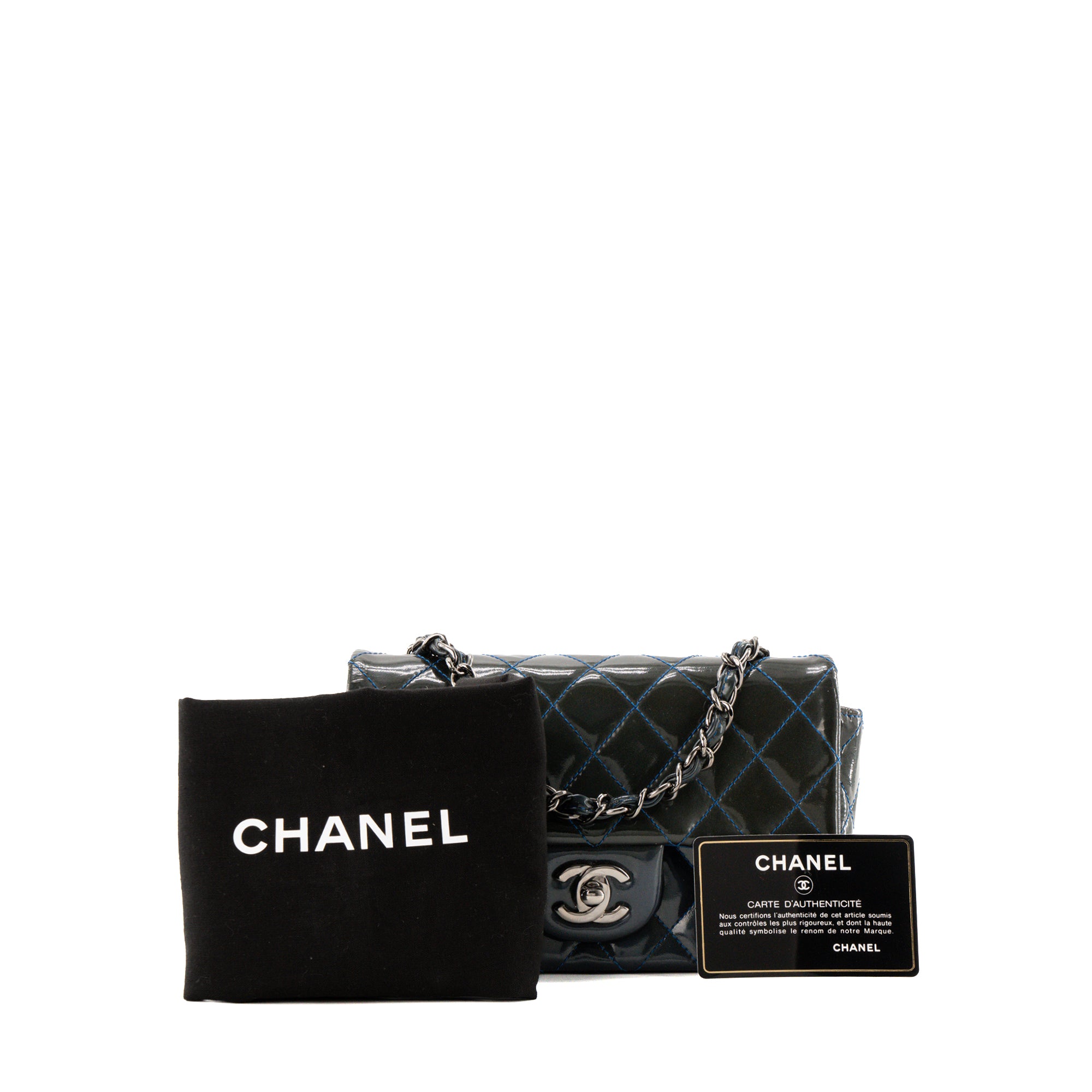 CHANEL - Sac à bandoulière Classique/Timeless Mini Rectangle Chanel en cuir verni kaki