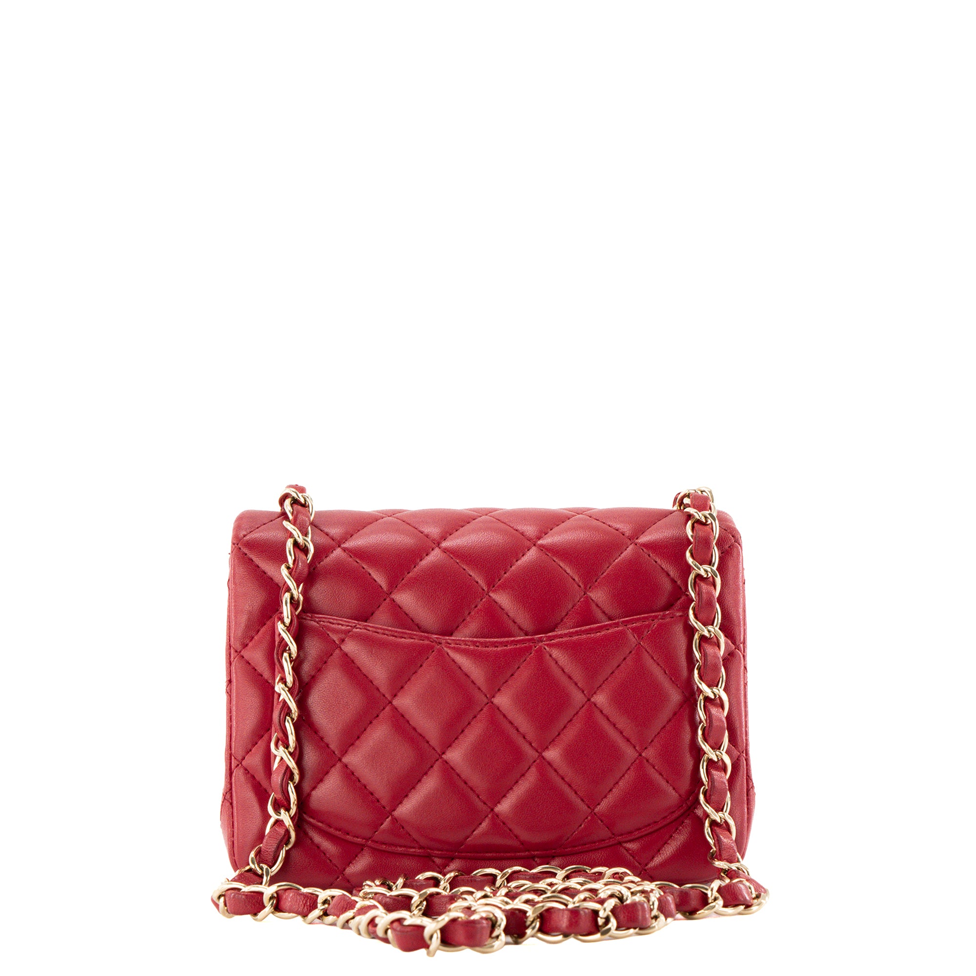 CHANEL - Sac à bandoulière Classique/Timeless Mini Square Chanel en cuir lisse rouge framboise