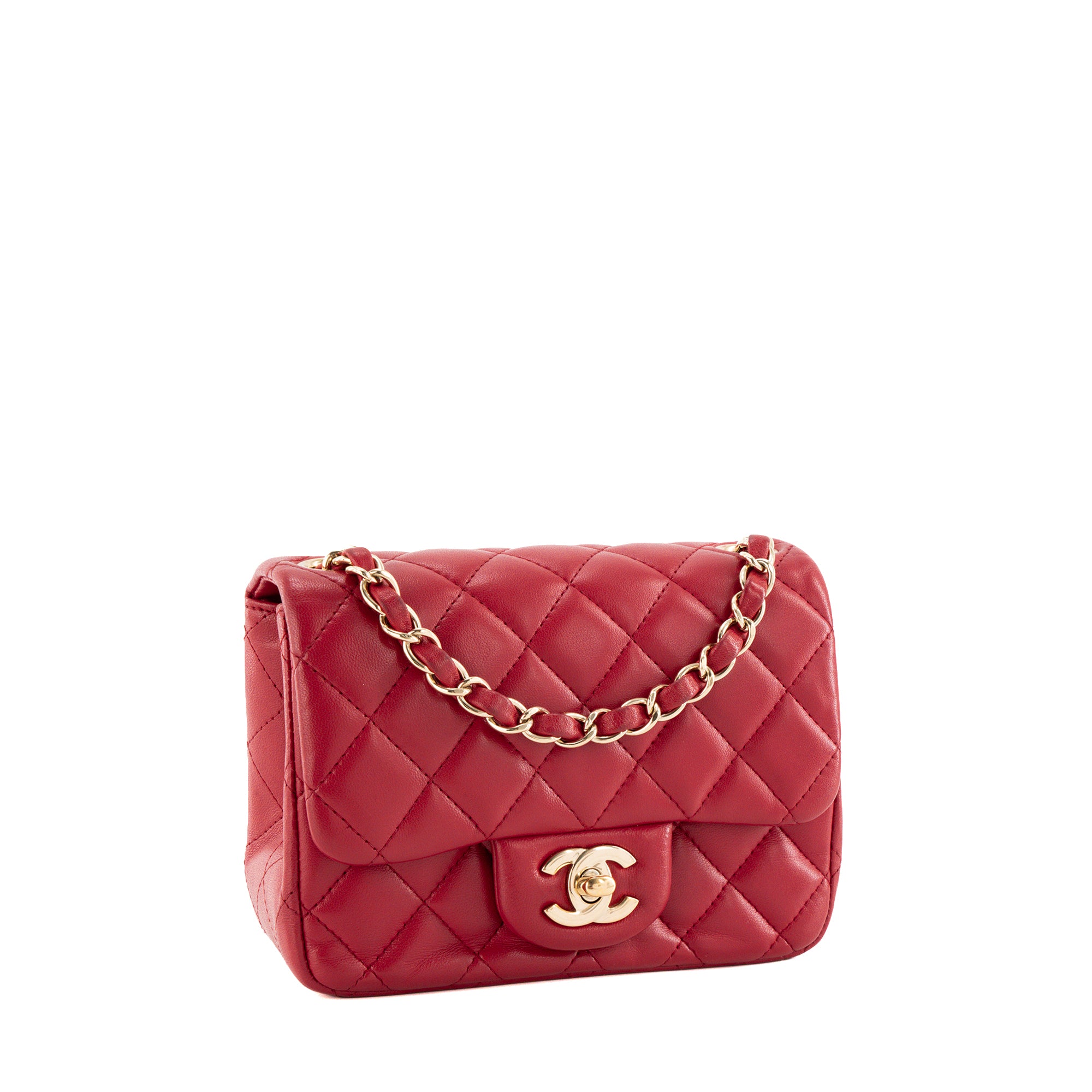 CHANEL - Sac à bandoulière Classique/Timeless Mini Square Chanel en cuir lisse rouge framboise