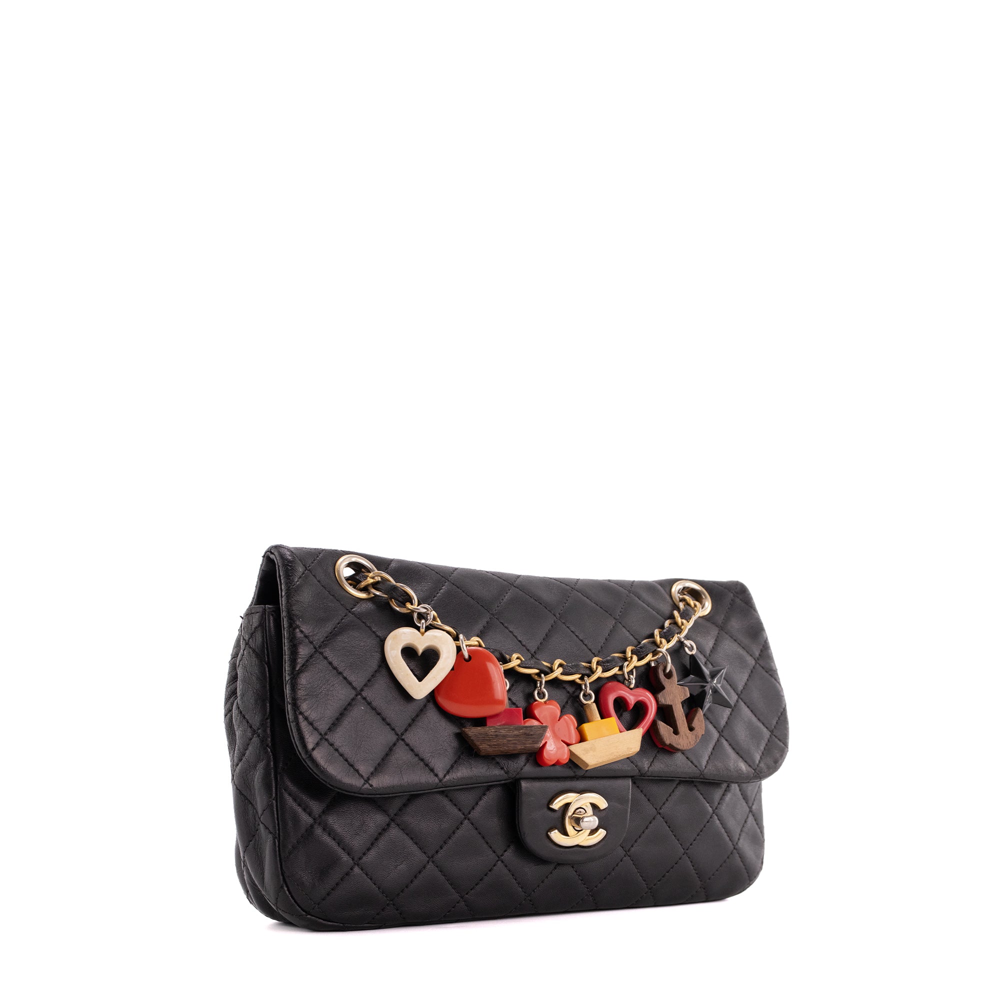 CHANEL - Sac à bandoulière Charms Valentine Chanel en cuir d'agneau noir édition limitée