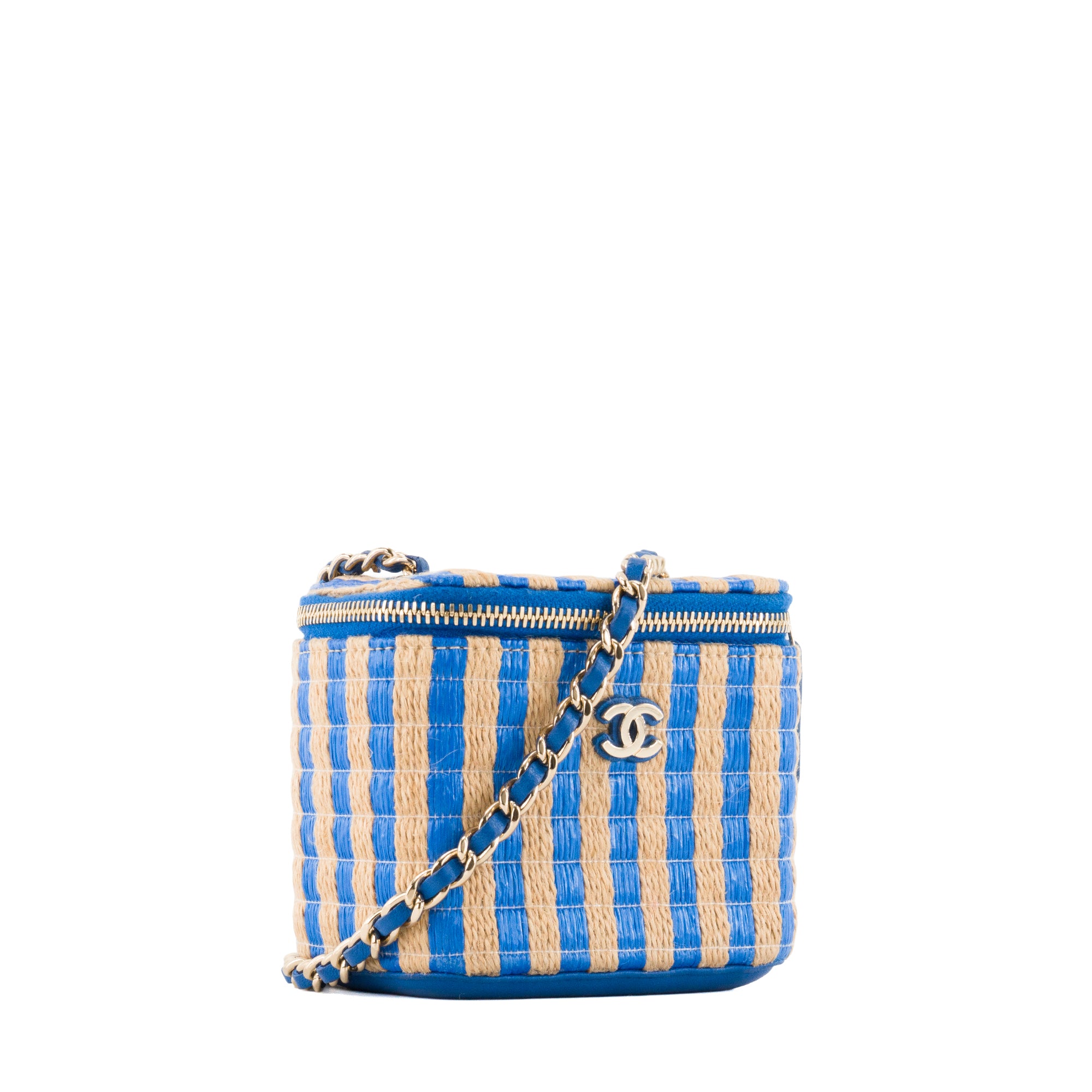 CHANEL - Sac à bandoulière Vanity mini Chanel en raphia bleu et beige