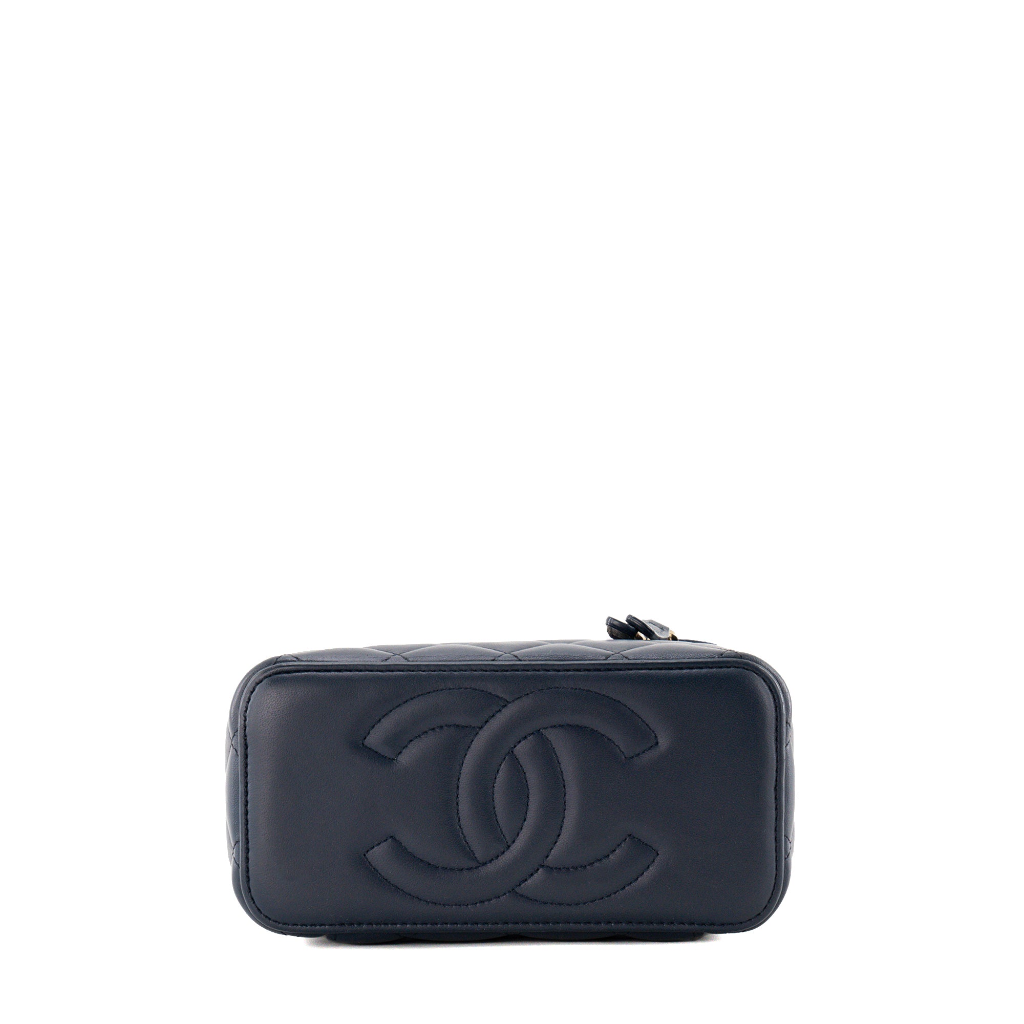 CHANEL - Sac à bandoulière Vanity Top Handle Chanel en cuir lisse bleu marine