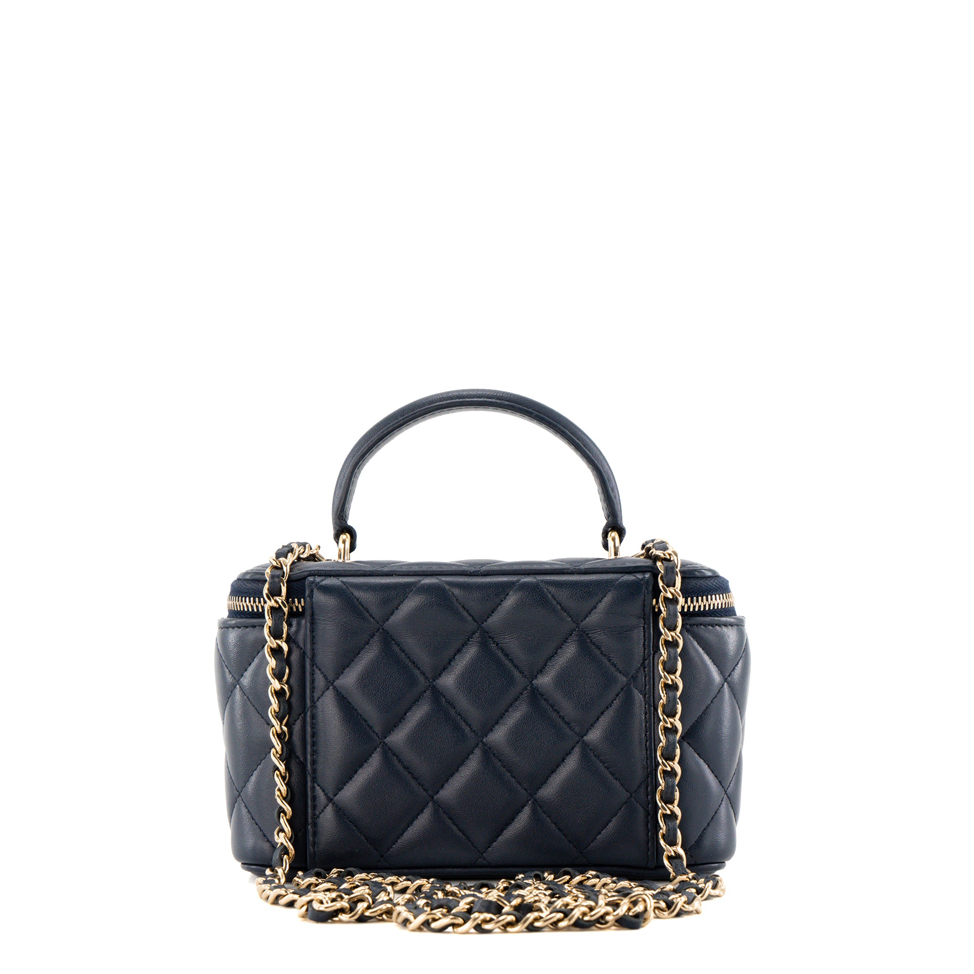 CHANEL - Sac à bandoulière Vanity Top Handle Chanel en cuir lisse bleu marine