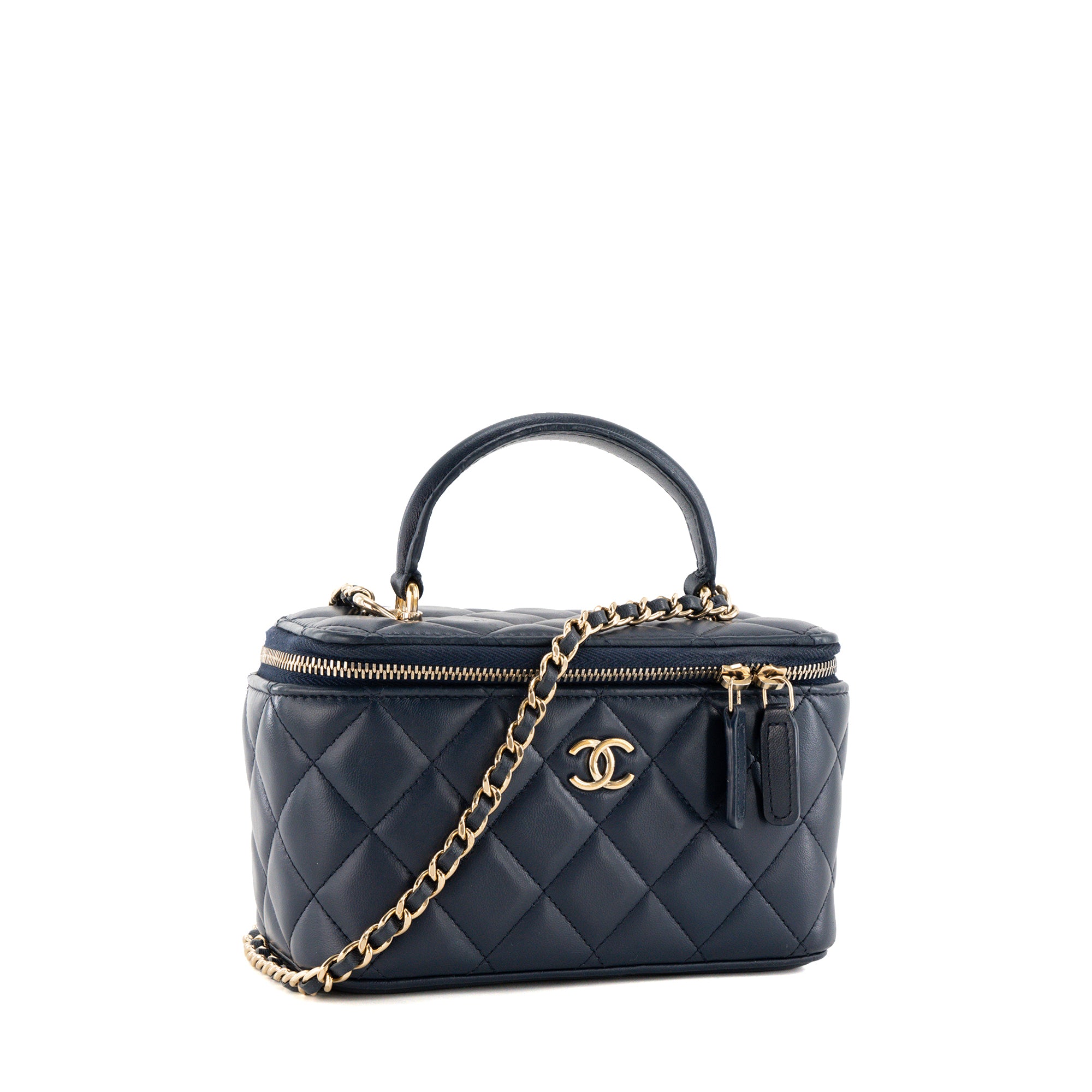 CHANEL - Sac à bandoulière Vanity Top Handle Chanel en cuir lisse bleu marine