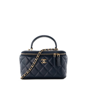 CHANEL - Sac à bandoulière Vanity Top Handle Chanel en cuir lisse bleu marine