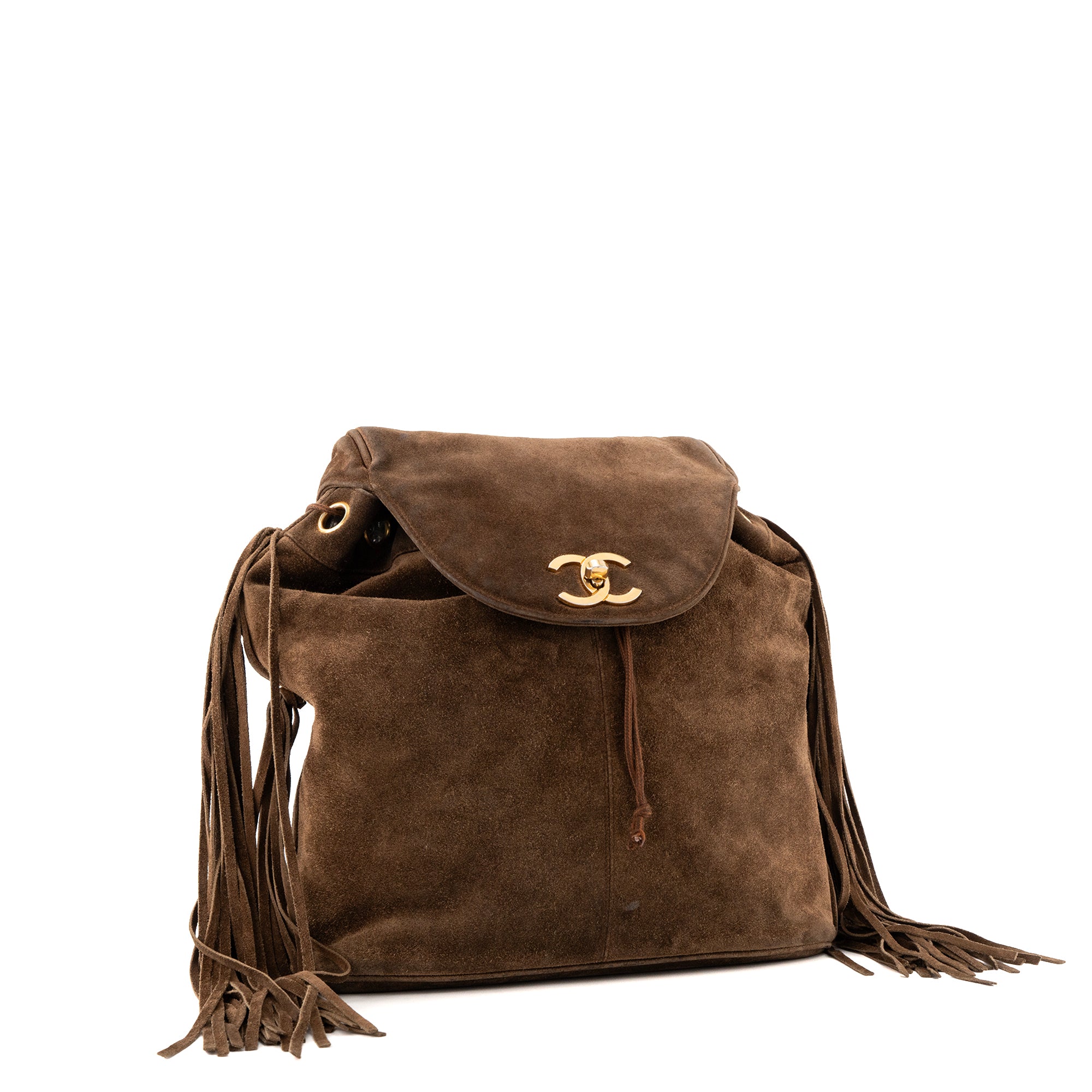 CHANEL - Sac à dos Logo CC Chanel en daim marron vintage