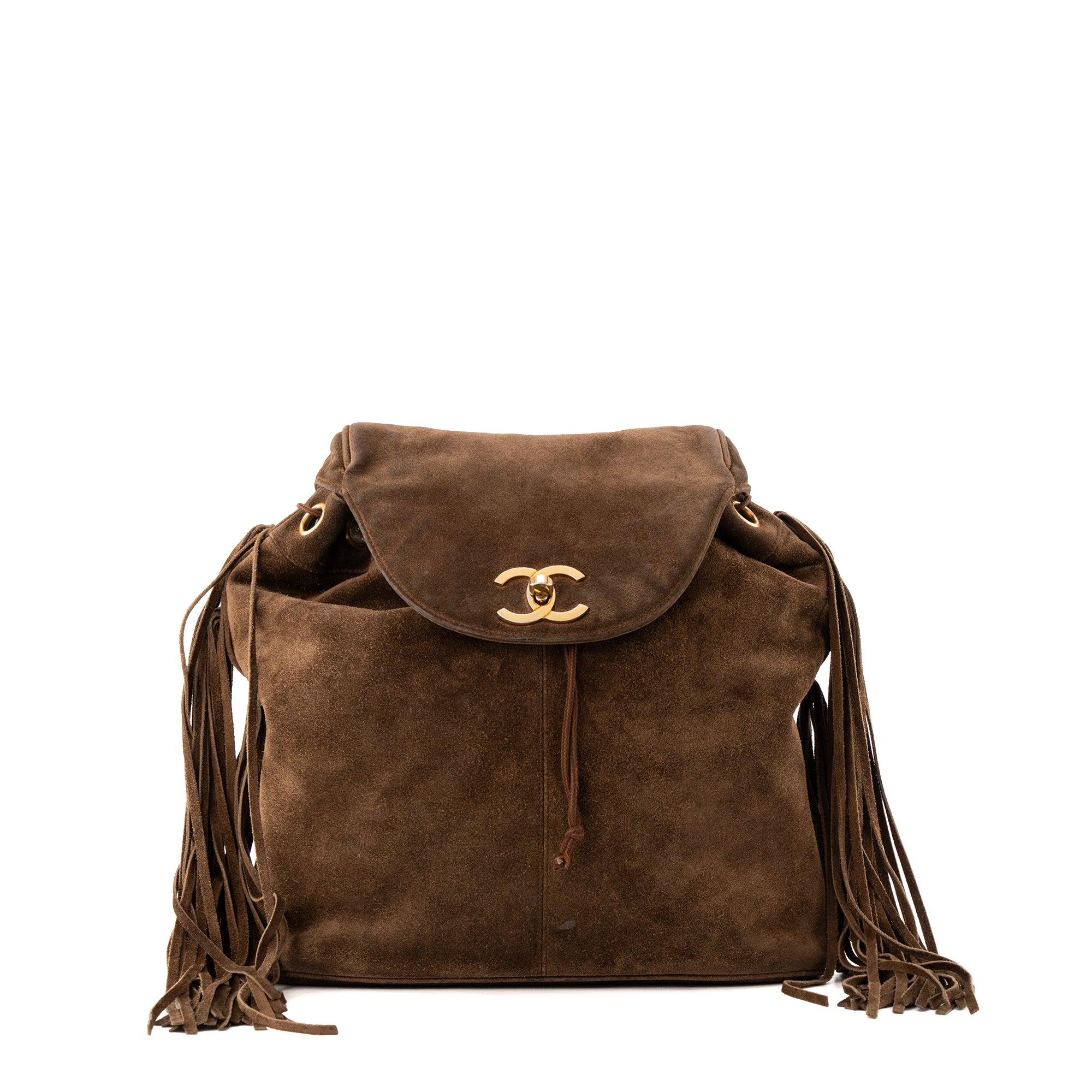 CHANEL - Sac à dos Logo CC Chanel en daim marron vintage