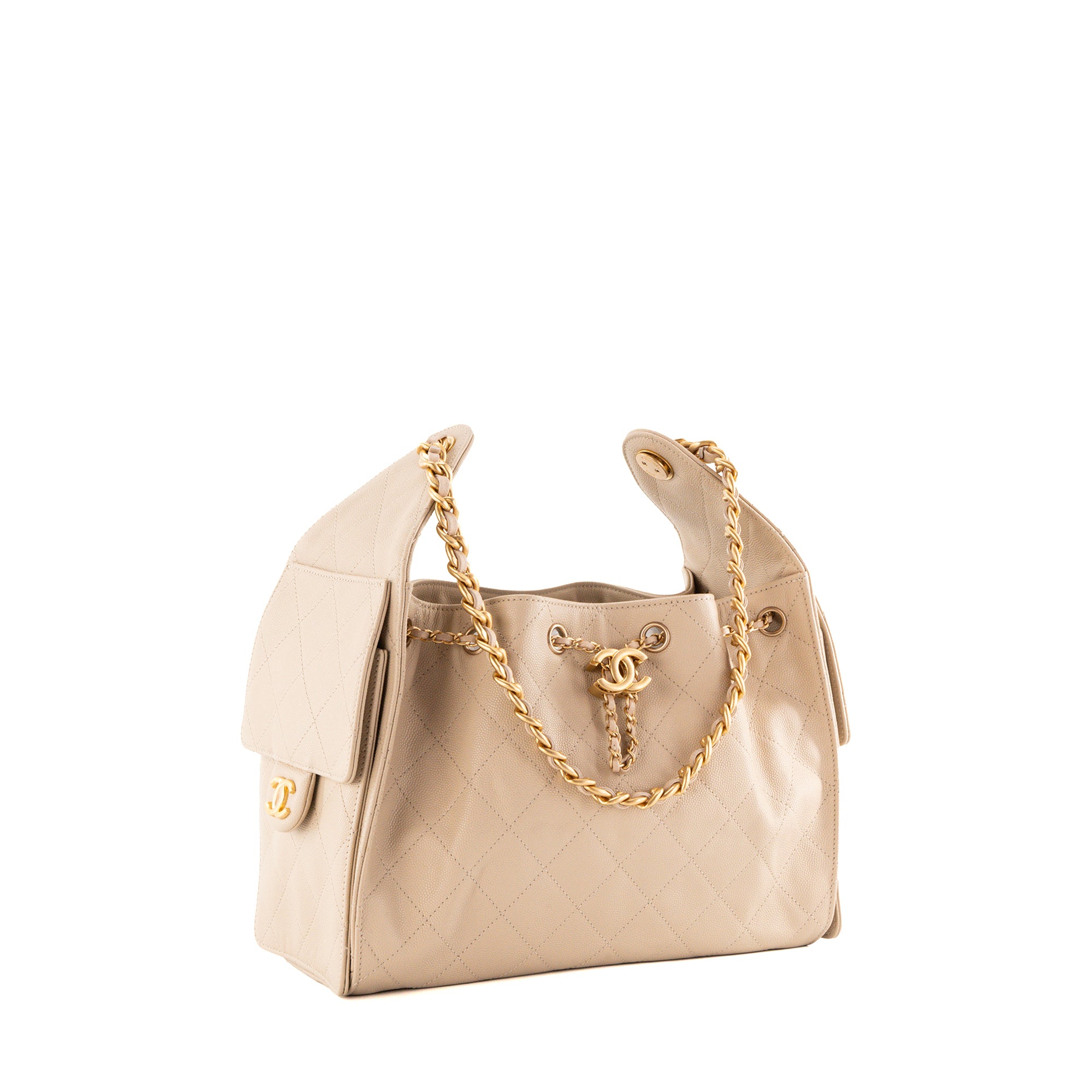 CHANEL - Sac à épaule Chanel 25 small en cuir caviar beige