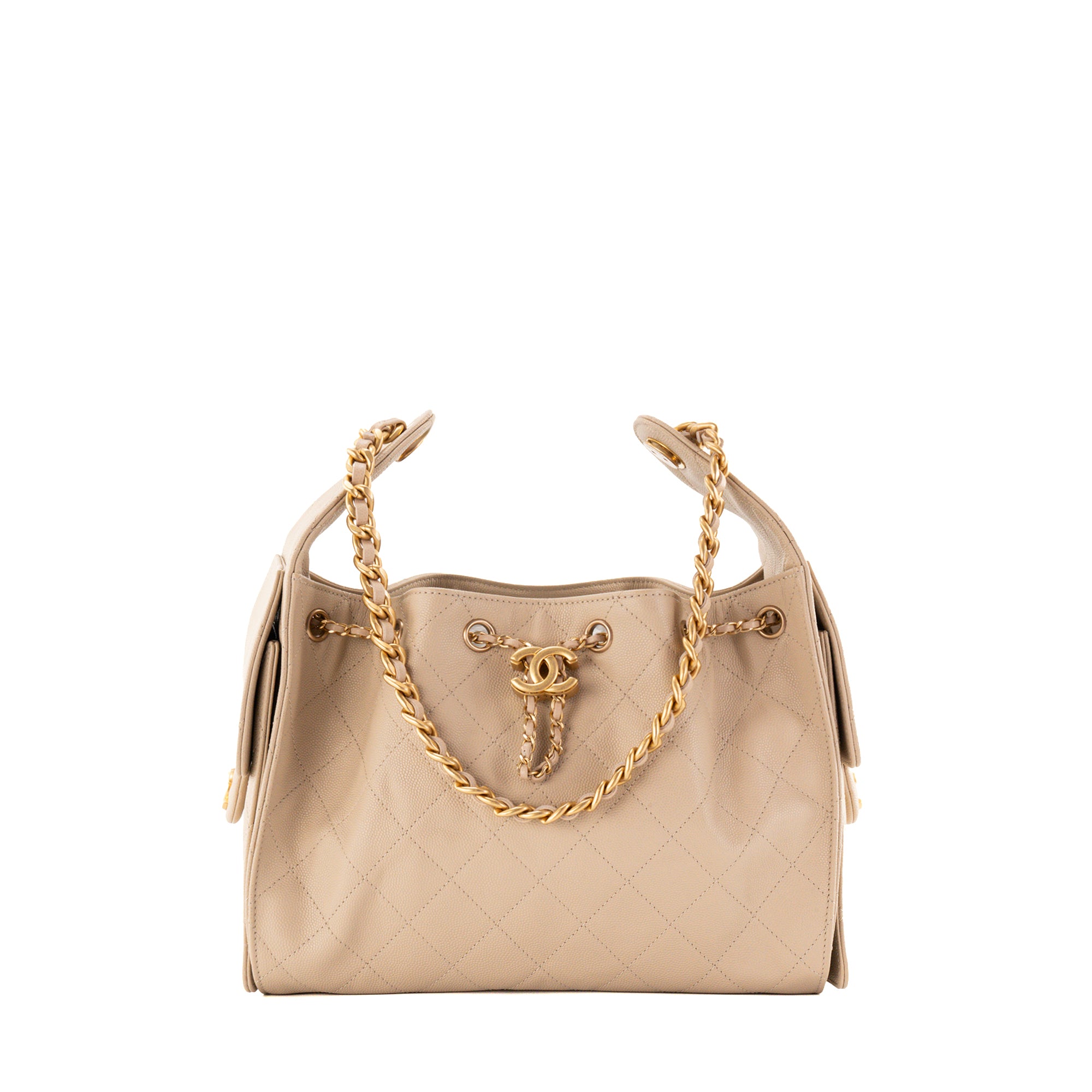 CHANEL - Sac à épaule Chanel 25 small en cuir caviar beige