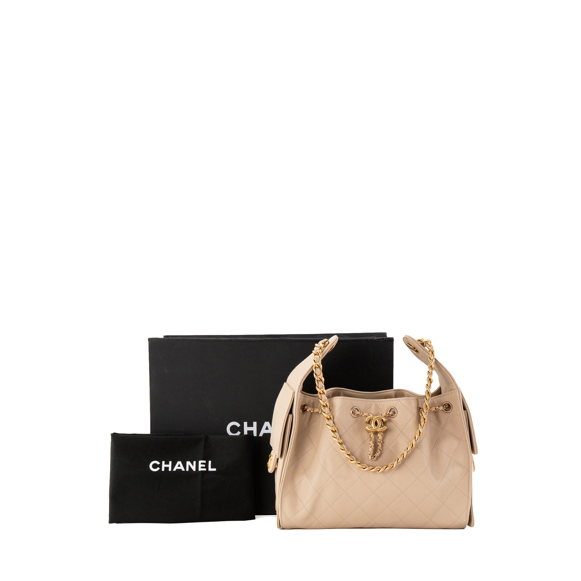 CHANEL - Sac à épaule Chanel 25 small en cuir caviar beige