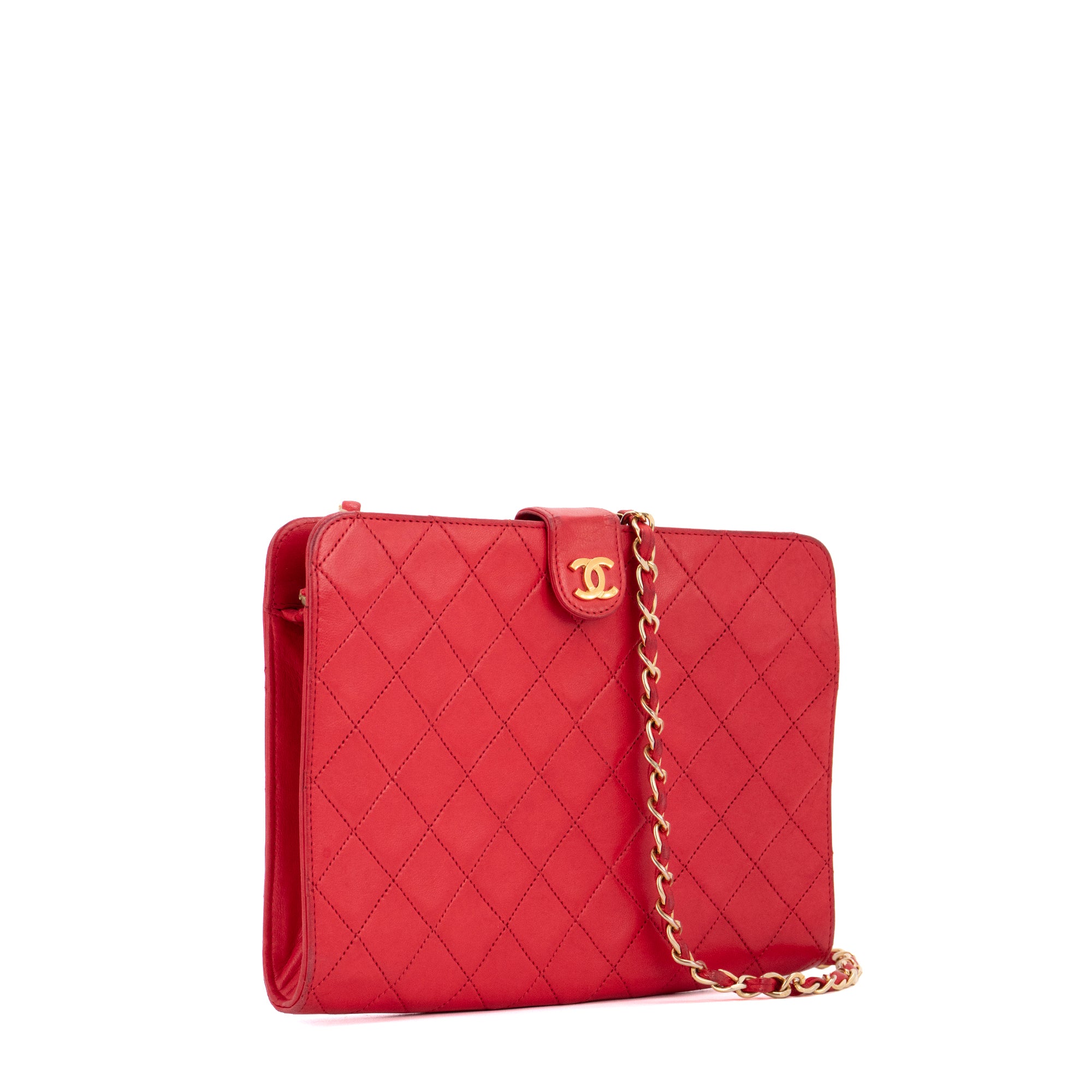 CHANEL - Sac à épaule Chanel en cuir d'agneau rouge vintage