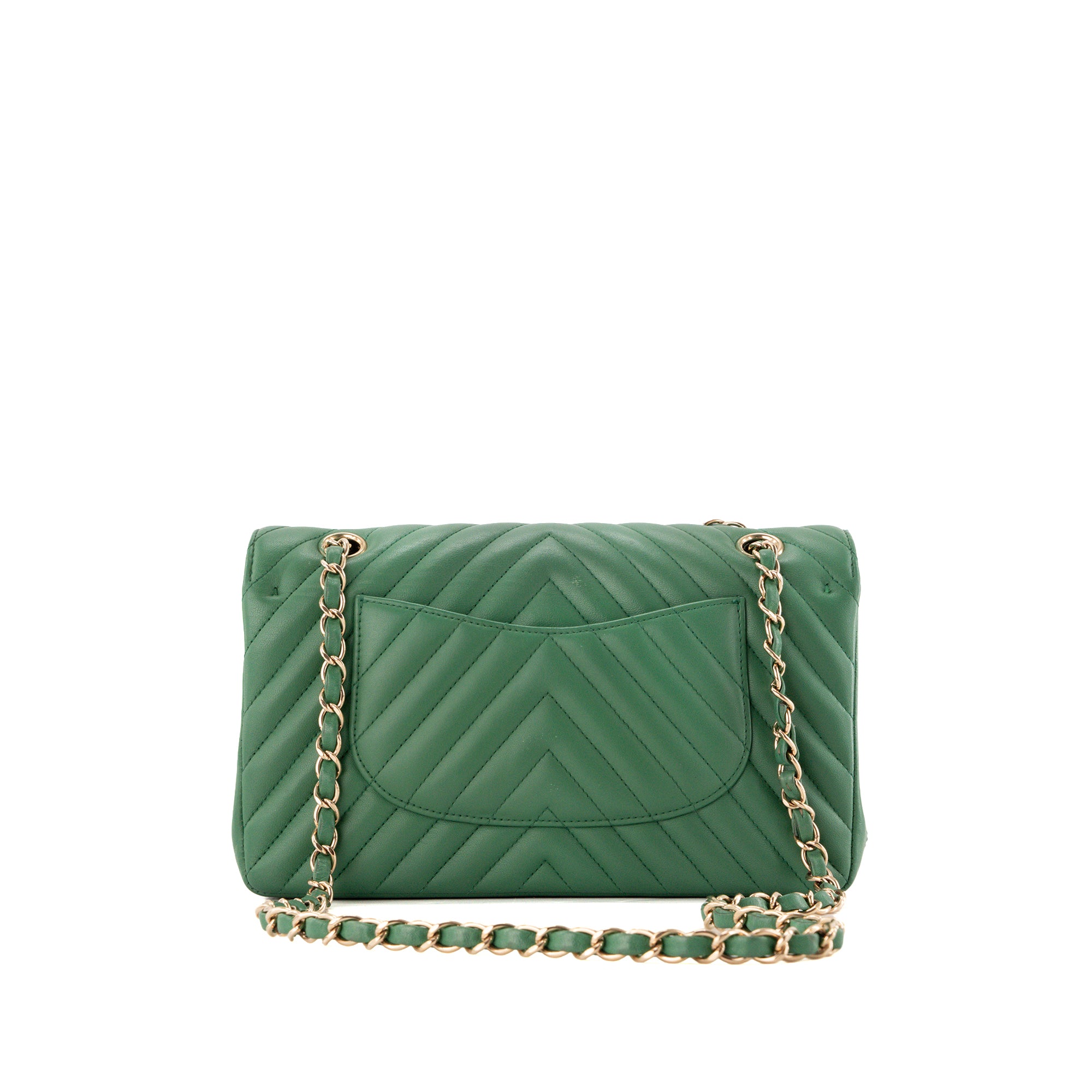 CHANEL - Sac à épaule Classique/Timeless 11.12 Chanel en cuir chevron vert