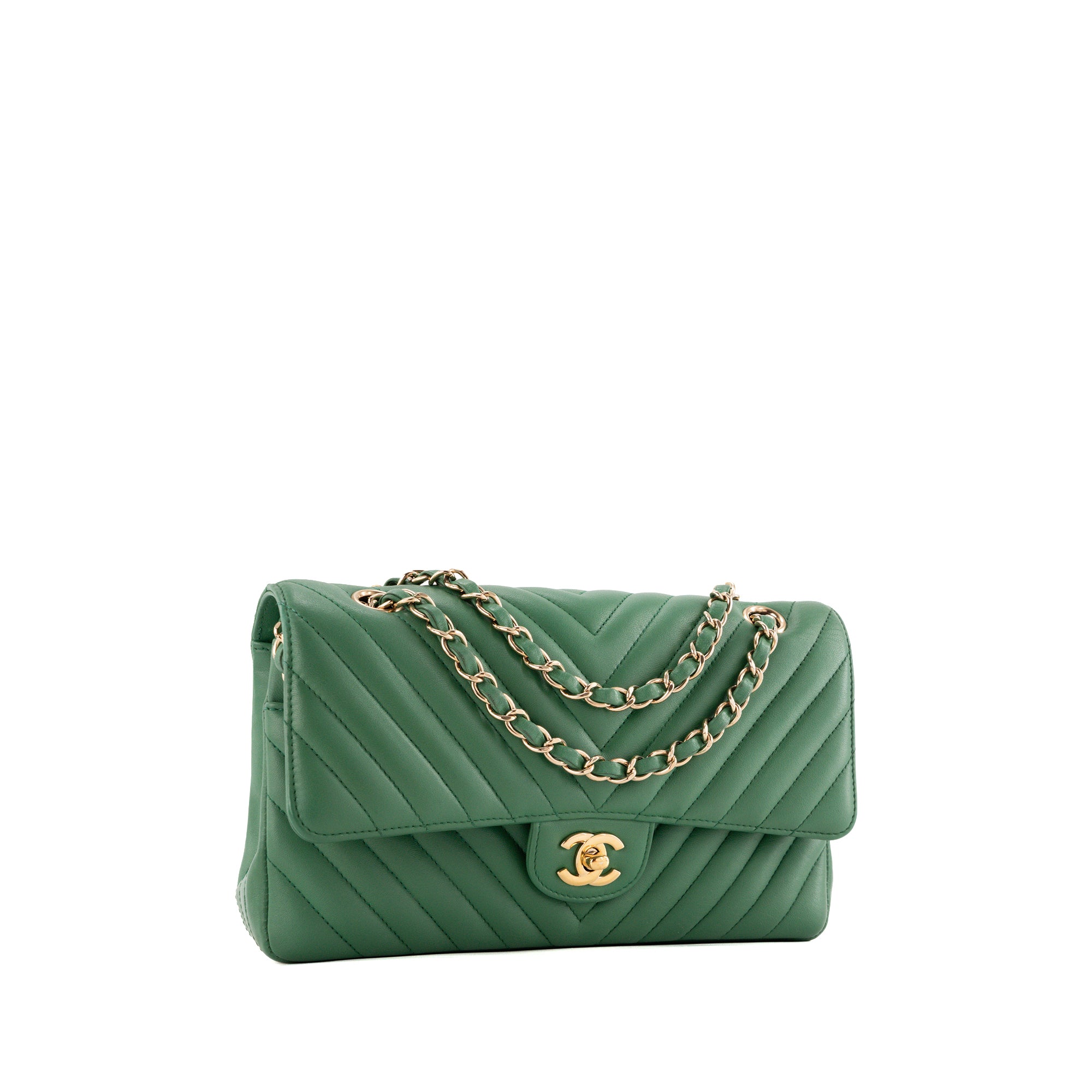 CHANEL - Sac à épaule Classique/Timeless 11.12 Chanel en cuir chevron vert