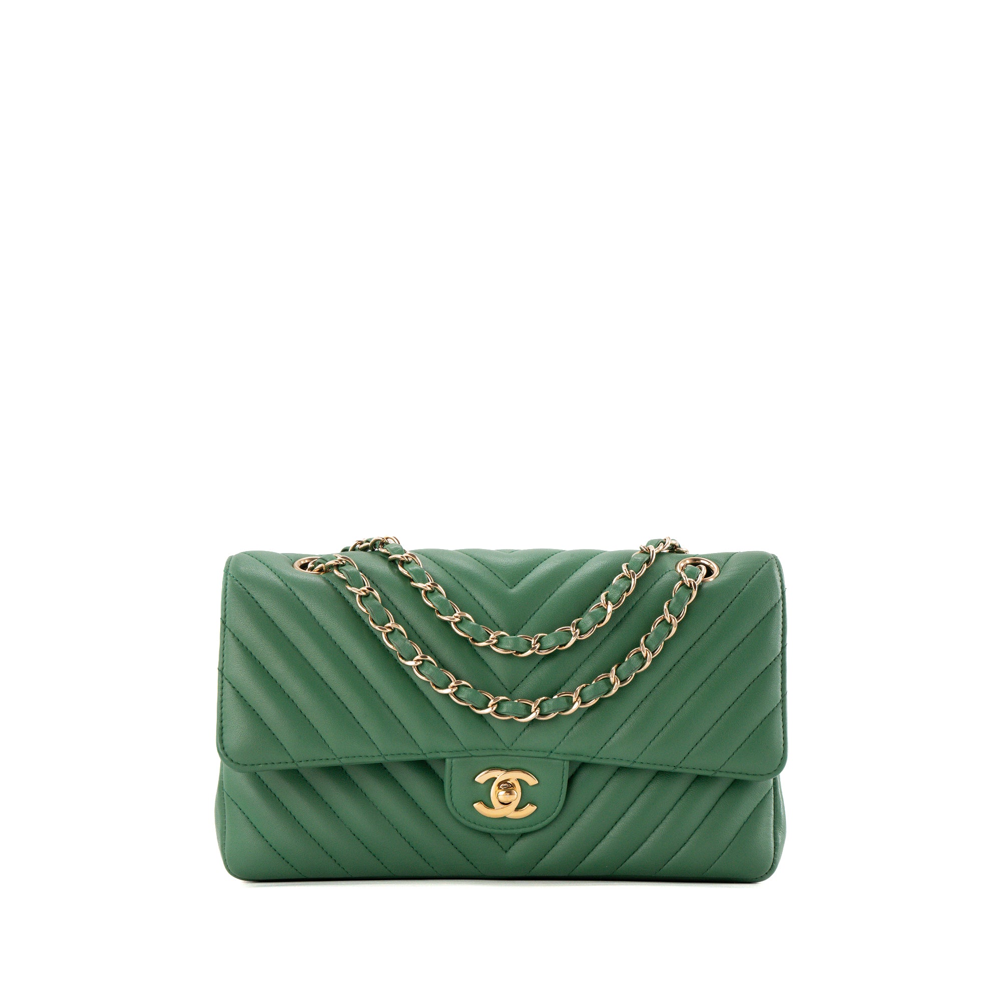 CHANEL - Sac à épaule Classique/Timeless 11.12 Chanel en cuir chevron vert