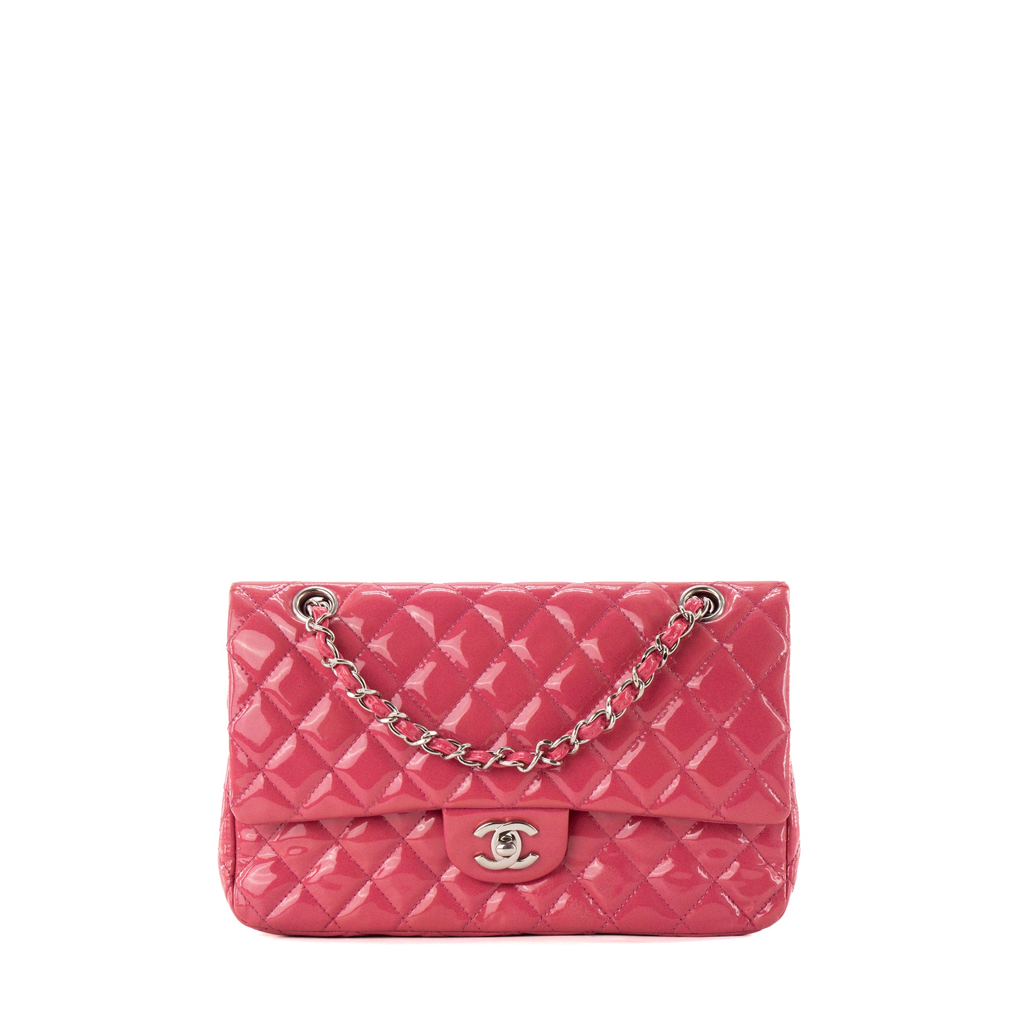 CHANEL - Sac à épaule Classique/Timeless 11.12 Chanel en cuir verni rose irisé