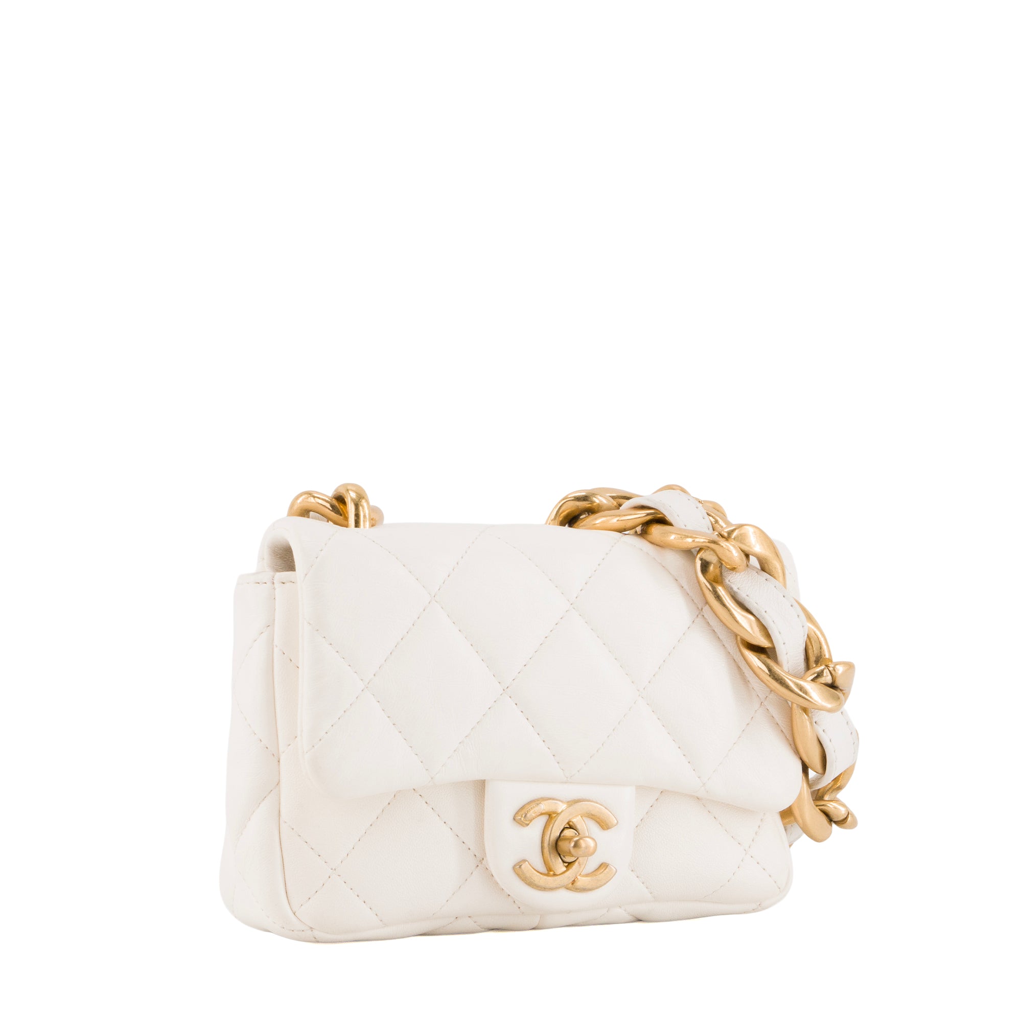 CHANEL - Sac à épaule Classique/Timeless Chain Chanel en cuir froissé blanc