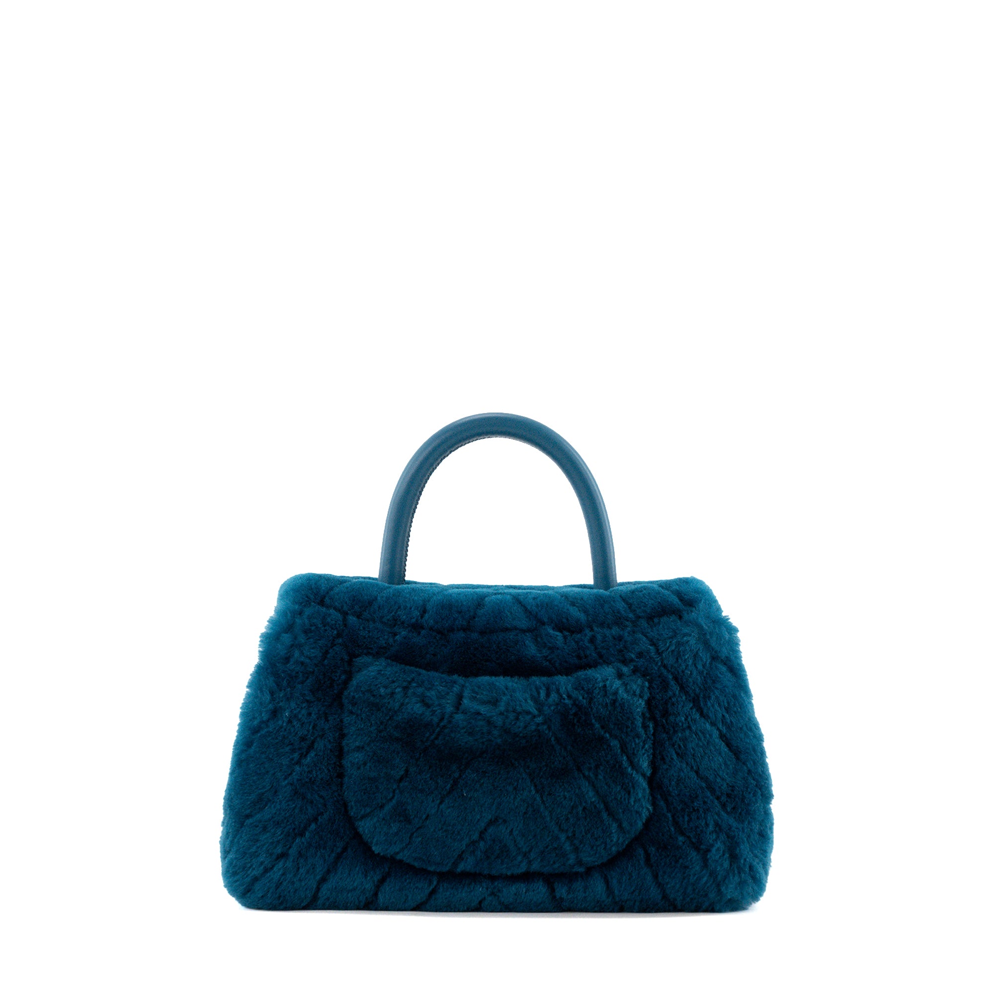 CHANEL - Sac à épaule Coco Handle Chanel en shearling chevron et cuir bleu