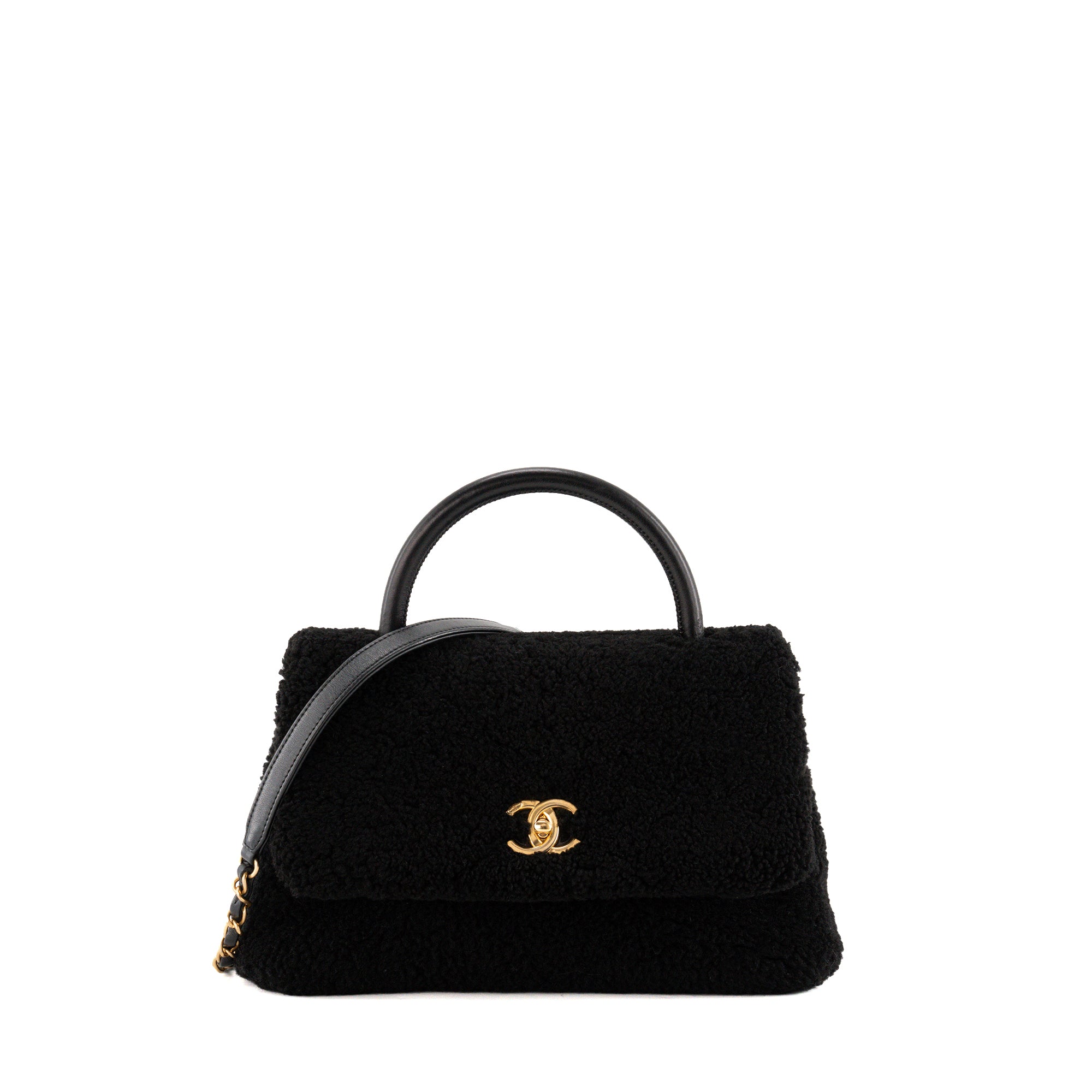 CHANEL - Sac à épaule Coco Handle Chanel en shearling et cuir noir