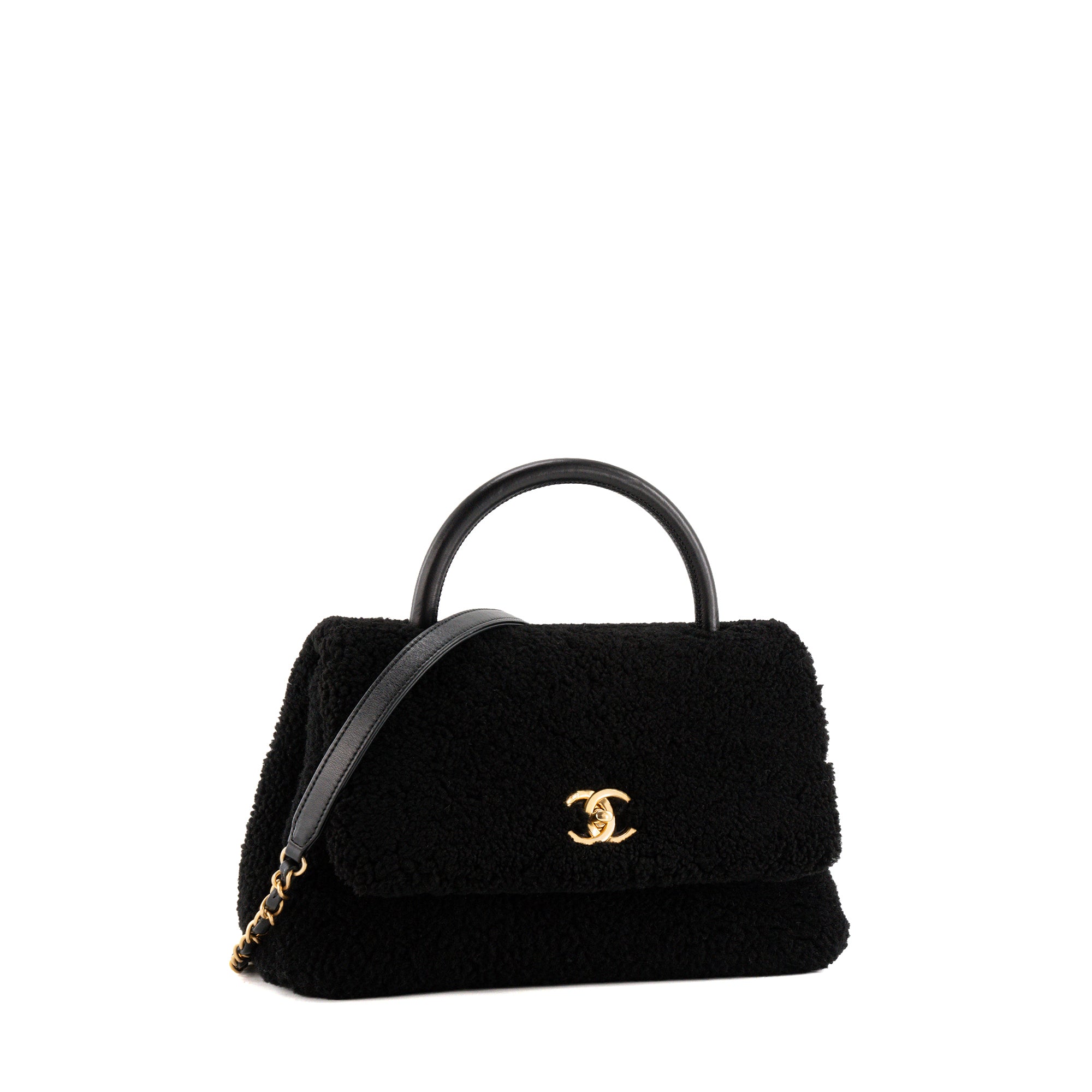 CHANEL - Sac à épaule Coco Handle Chanel en shearling et cuir noir