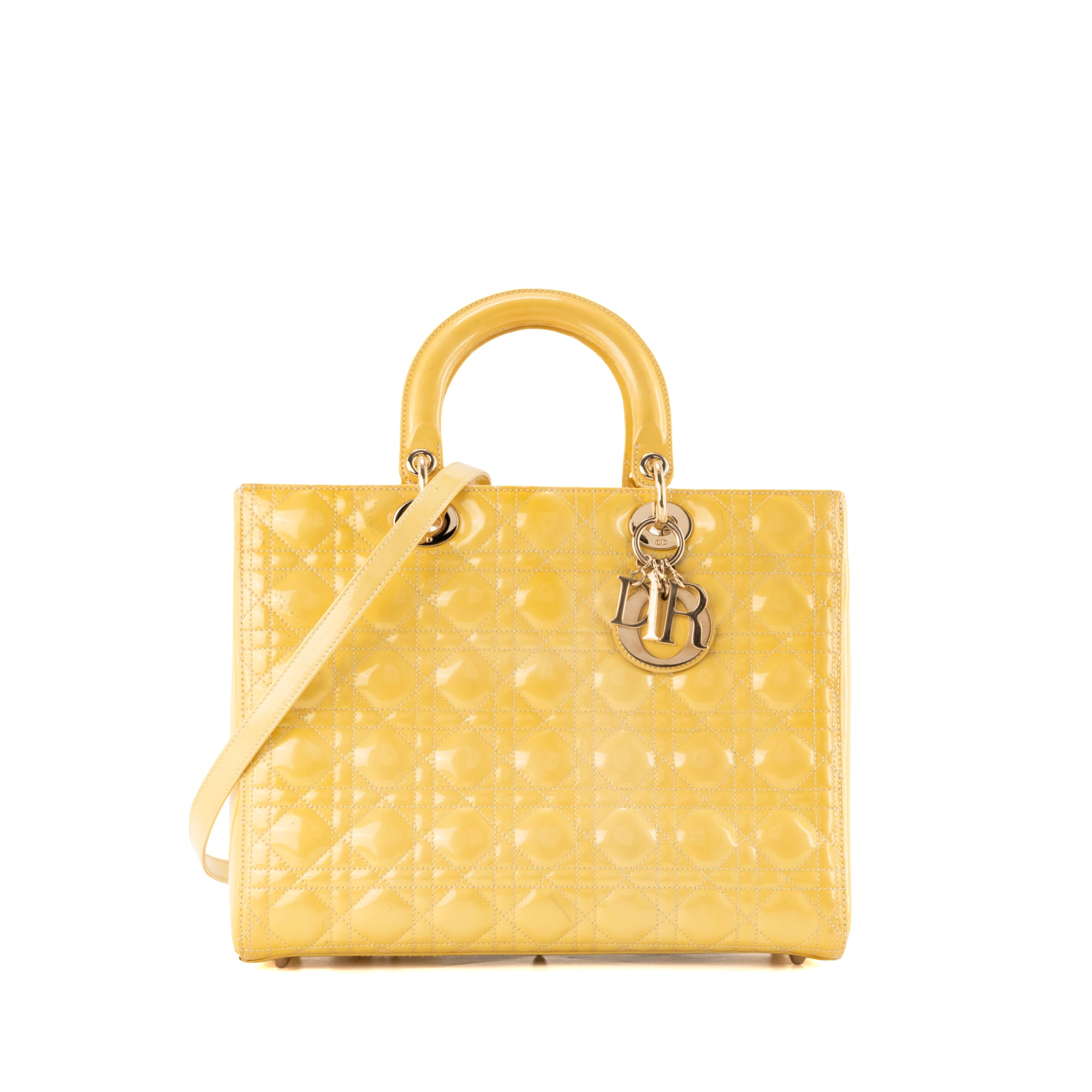 CHANEL - Sac à épaule Lady Dior Large en cuir verni jaune vintage