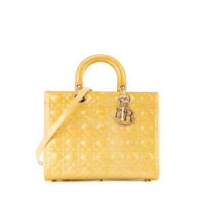 CHANEL - Sac à épaule Lady Dior Large en cuir verni jaune vintage