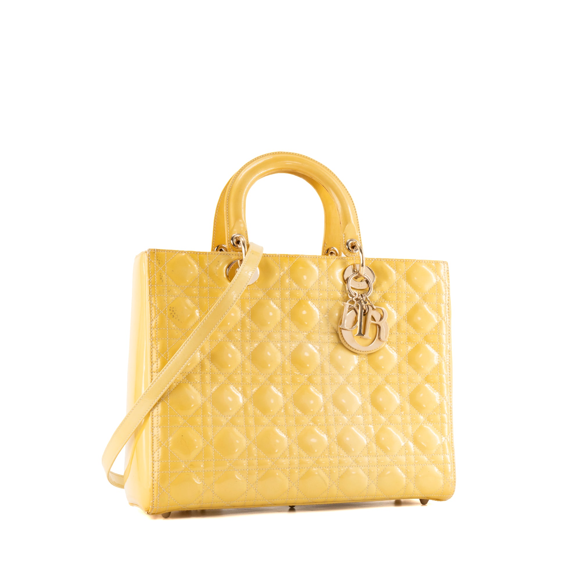 CHANEL - Sac à épaule Lady Dior Large en cuir verni jaune vintage