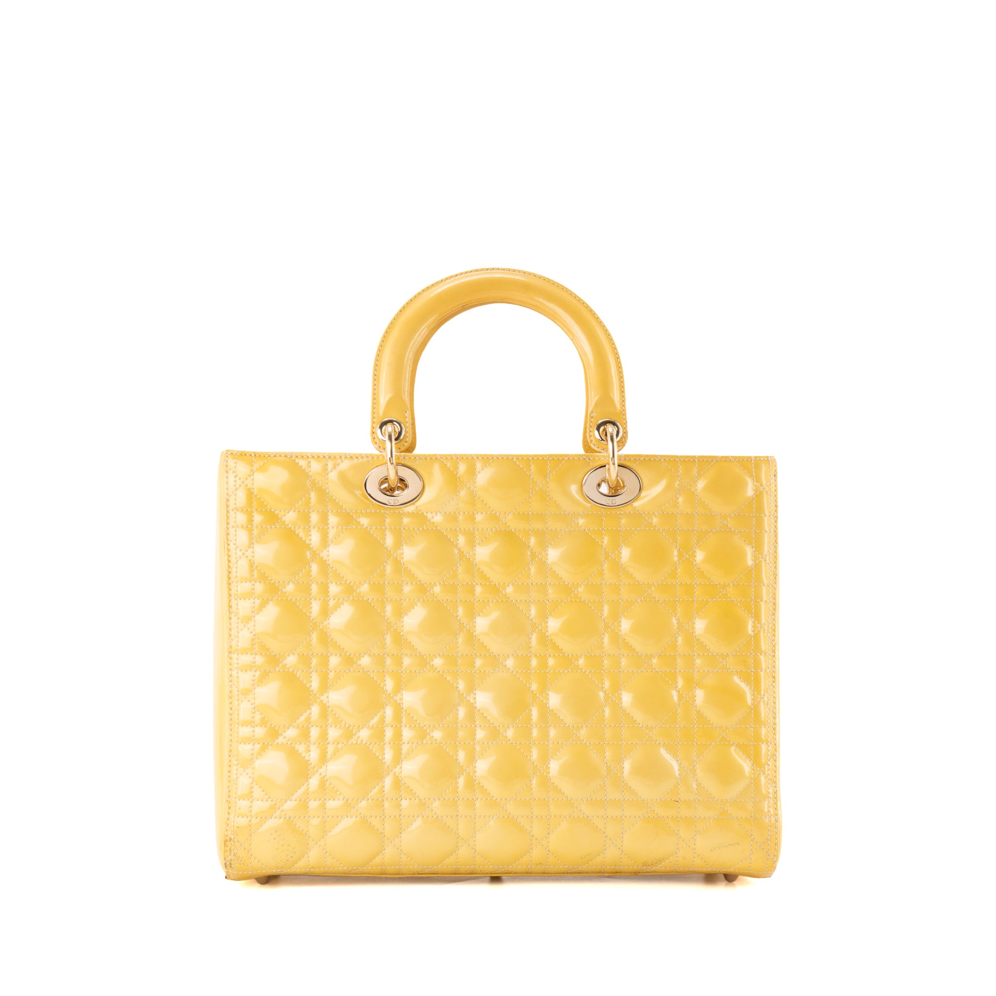 CHANEL - Sac à épaule Lady Dior Large en cuir verni jaune vintage