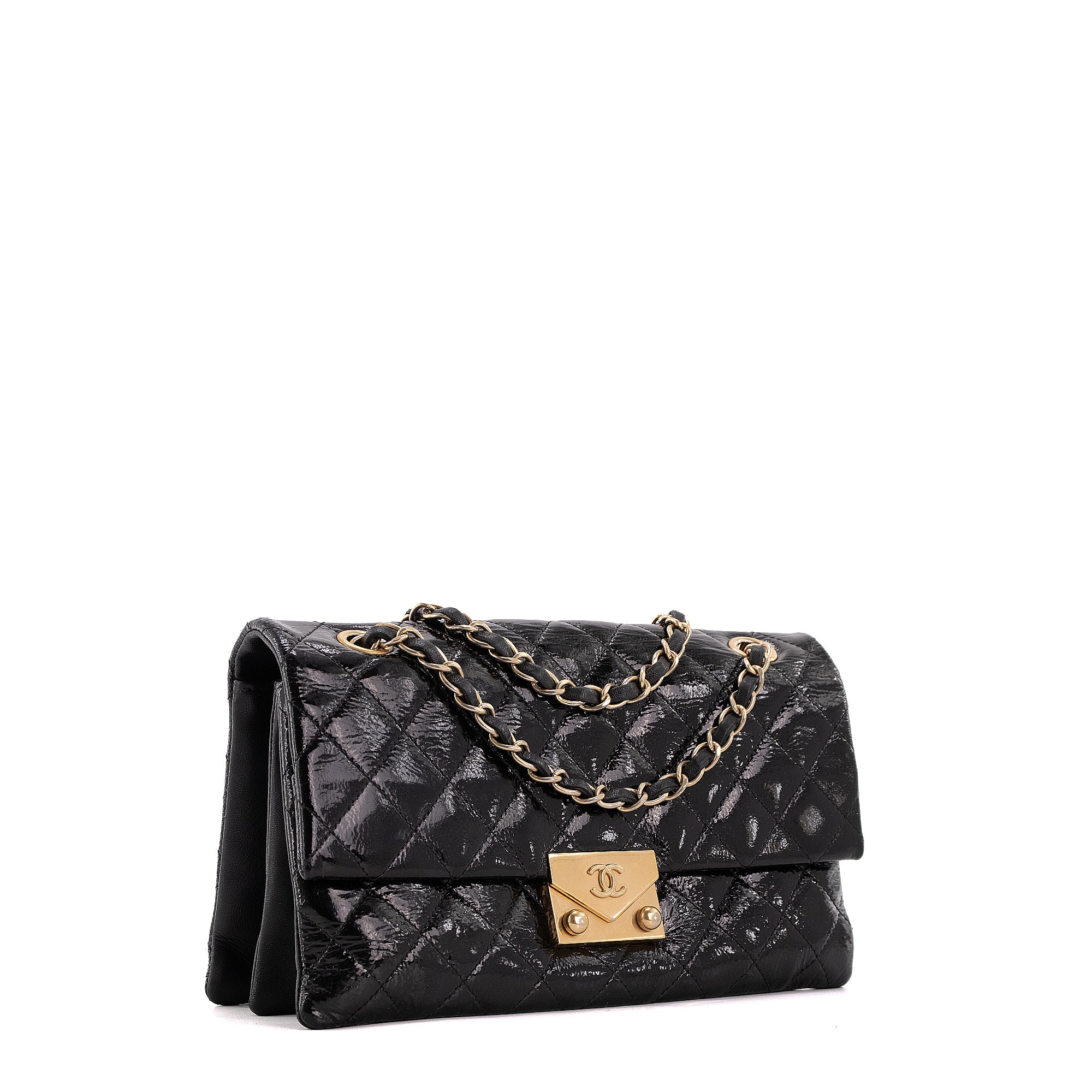 CHANEL - Sac à épaule Pagoda Accordéon Chanel en cuir verni noir