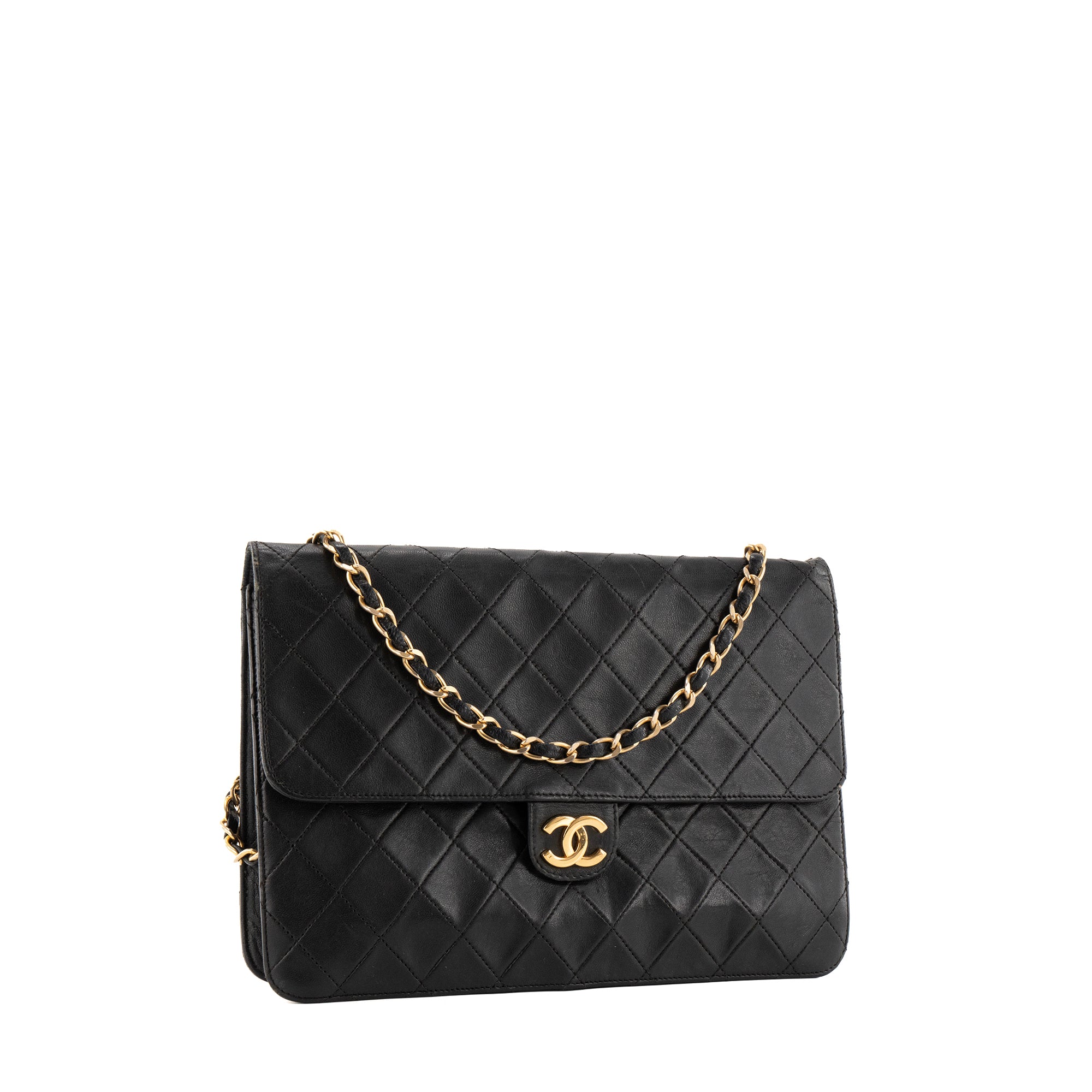 CHANEL - Sac à épaule Classique/Timeless Simple Flap Chanel en cuir lisse noir vintage