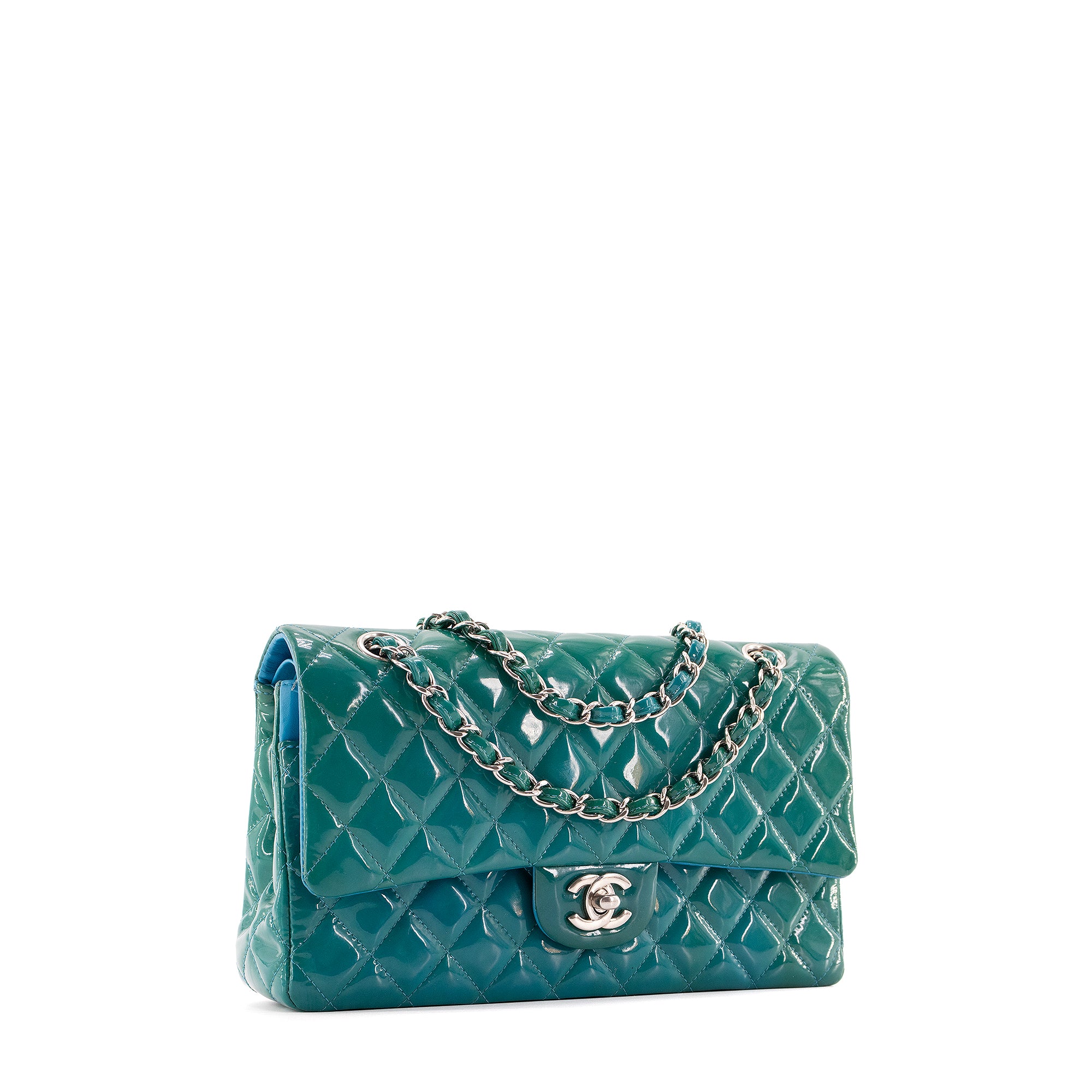CHANEL - Sac à main Classique/Timeless 11.12 Chanel en cuir verni bleu vert