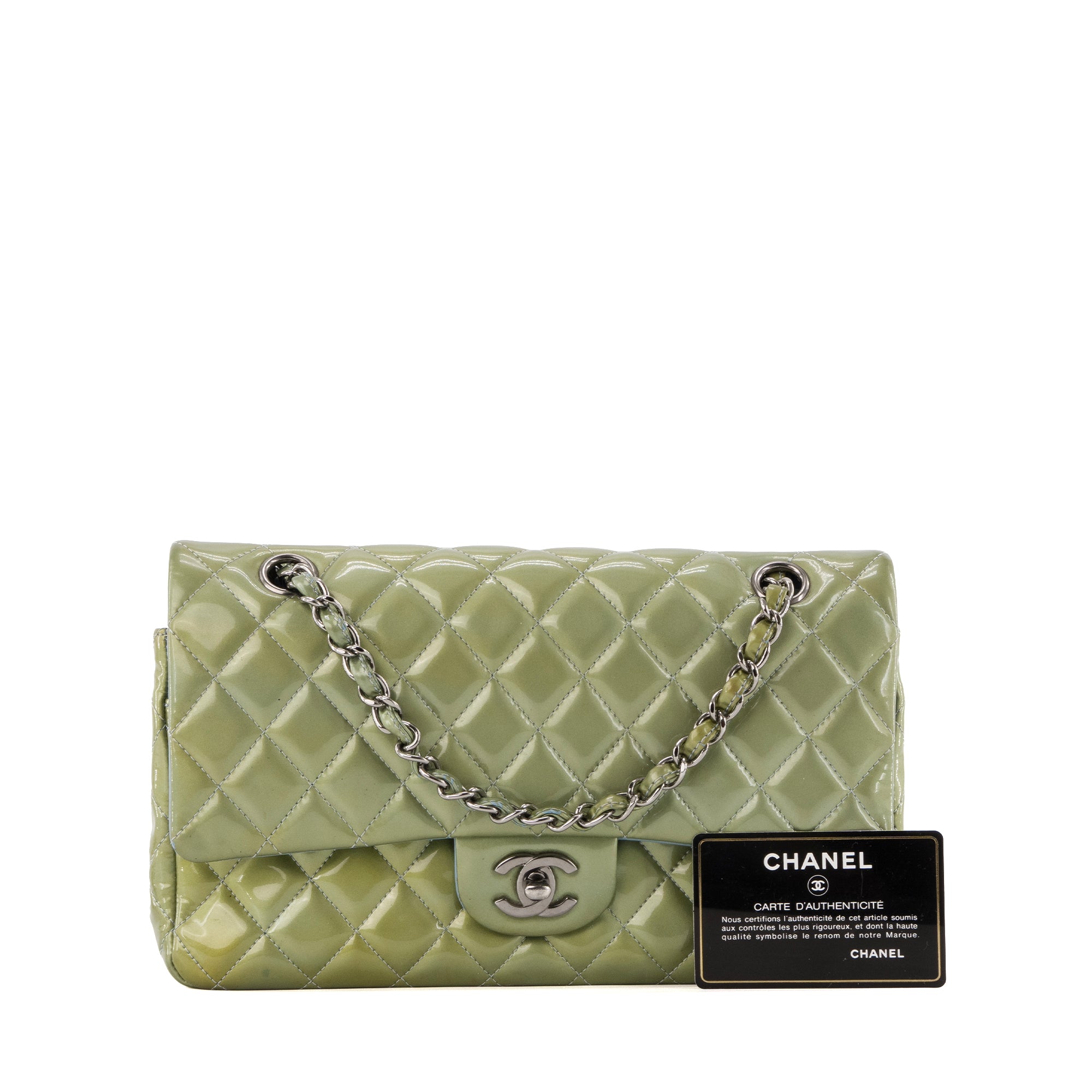 CHANEL - Sac à main Classique/Timeless 11.12 Chanel en cuir verni kaki irisé