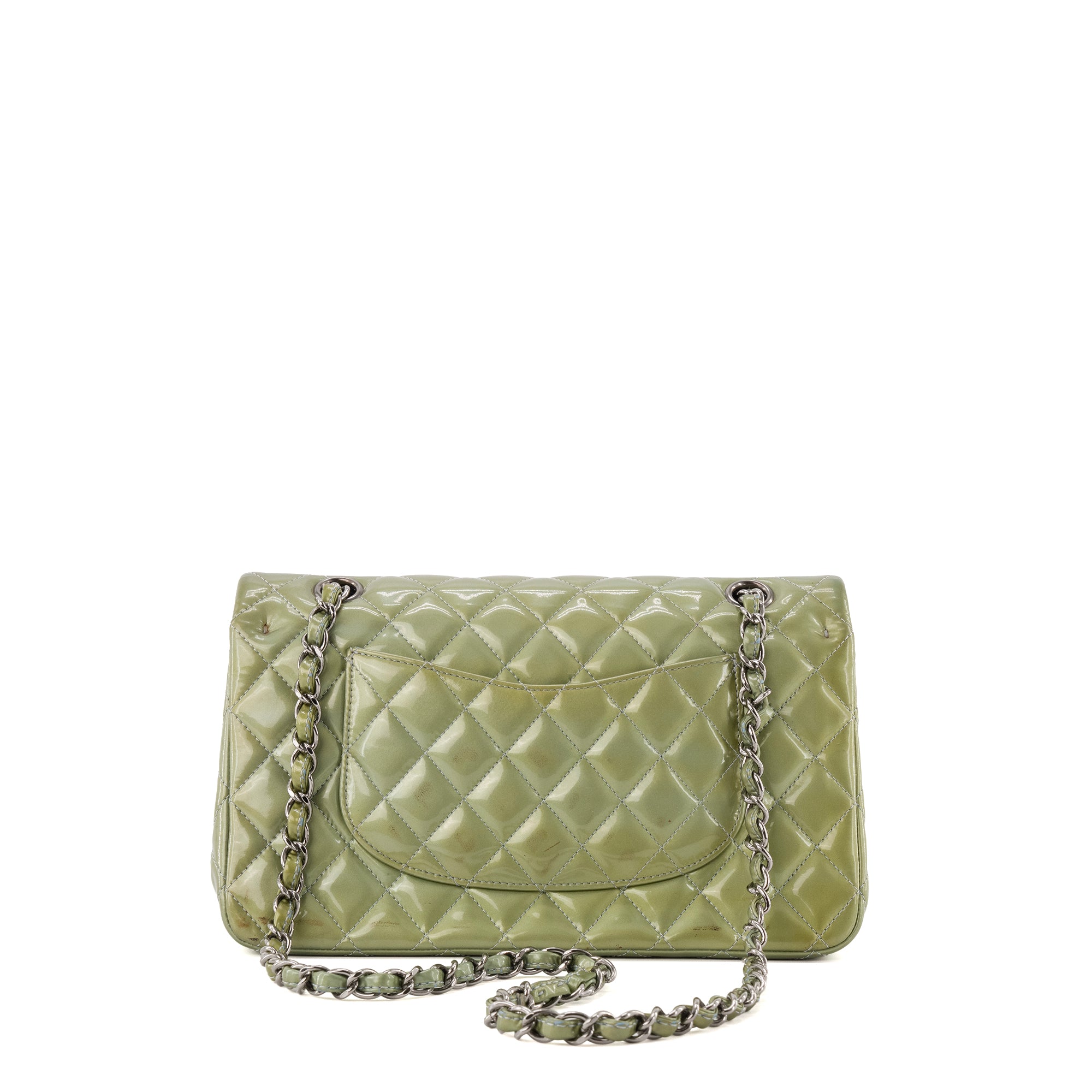 CHANEL - Sac à main Classique/Timeless 11.12 Chanel en cuir verni kaki irisé