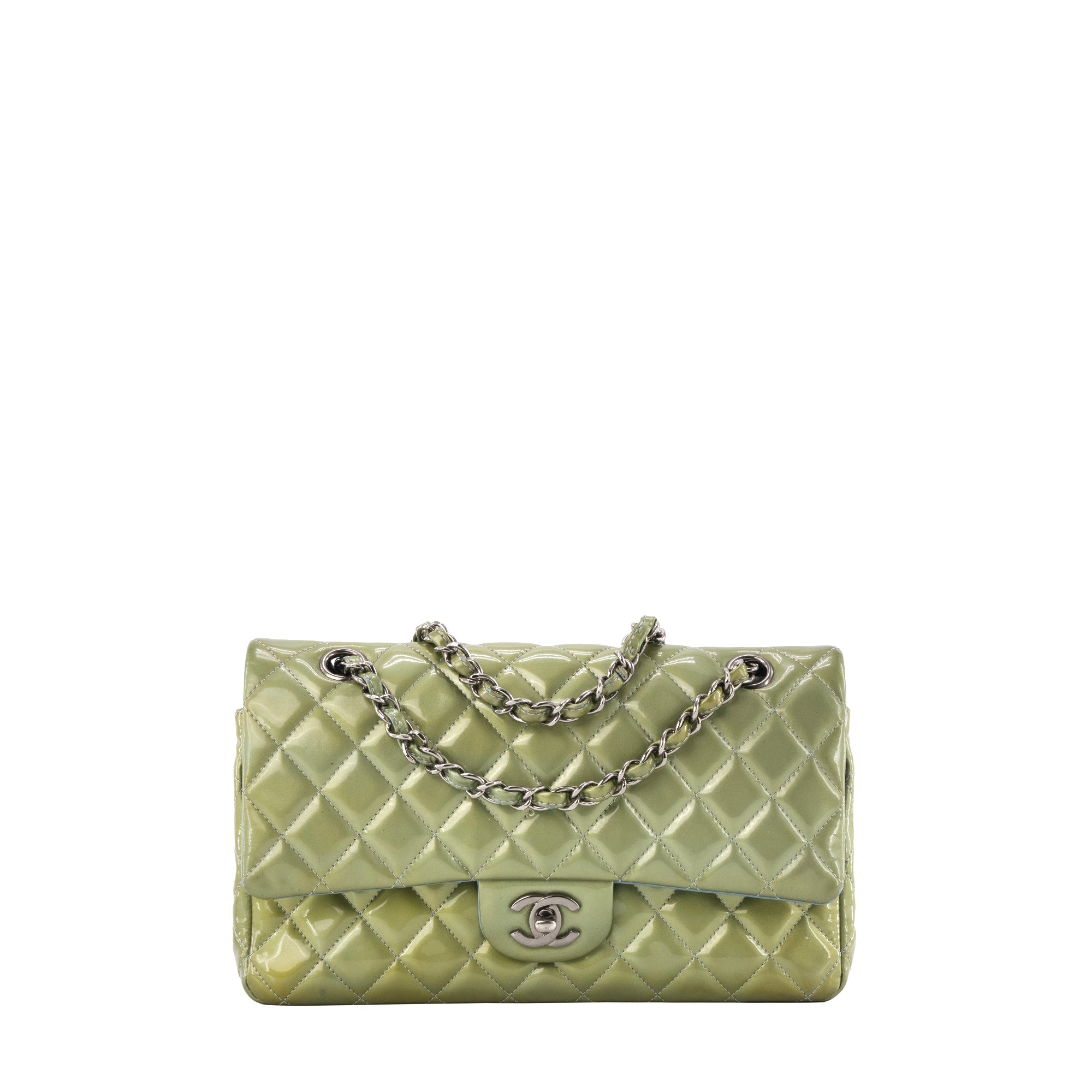 CHANEL - Sac à main Classique/Timeless 11.12 Chanel en cuir verni kaki irisé