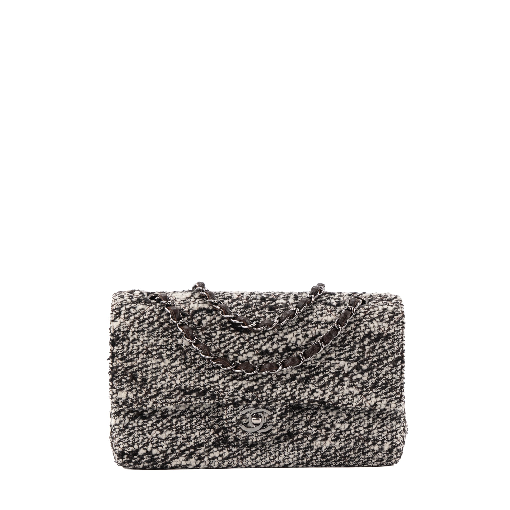 CHANEL - Sac à main Classique/Timeless 11.12 Chanel en tweed noir et blanc vintage