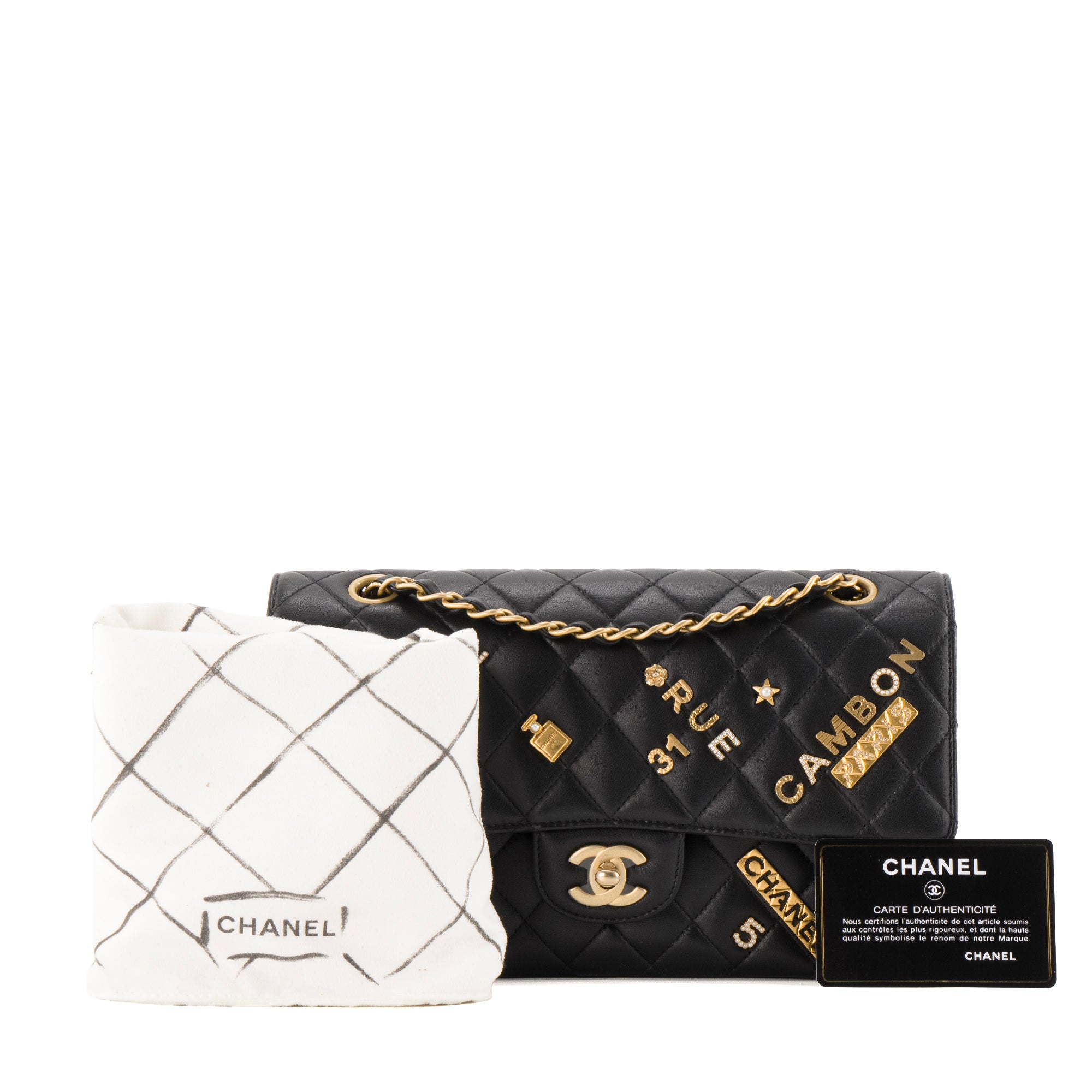 CHANEL - Sac à main Classique/Timeless 11.12 Charms Chanel en cuir lisse noir édition limitée