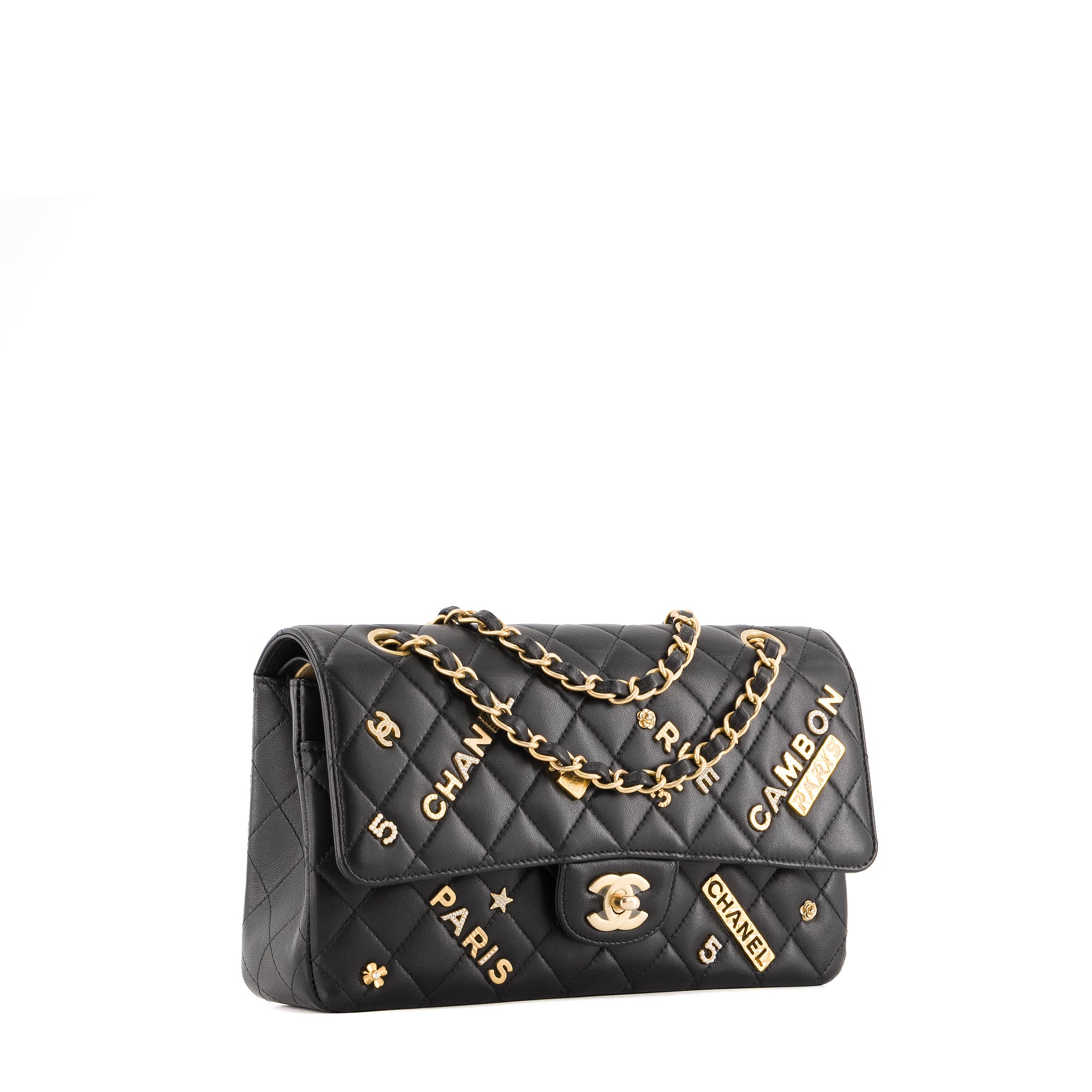 CHANEL - Sac à main Classique/Timeless 11.12 Charms Chanel en cuir lisse noir édition limitée