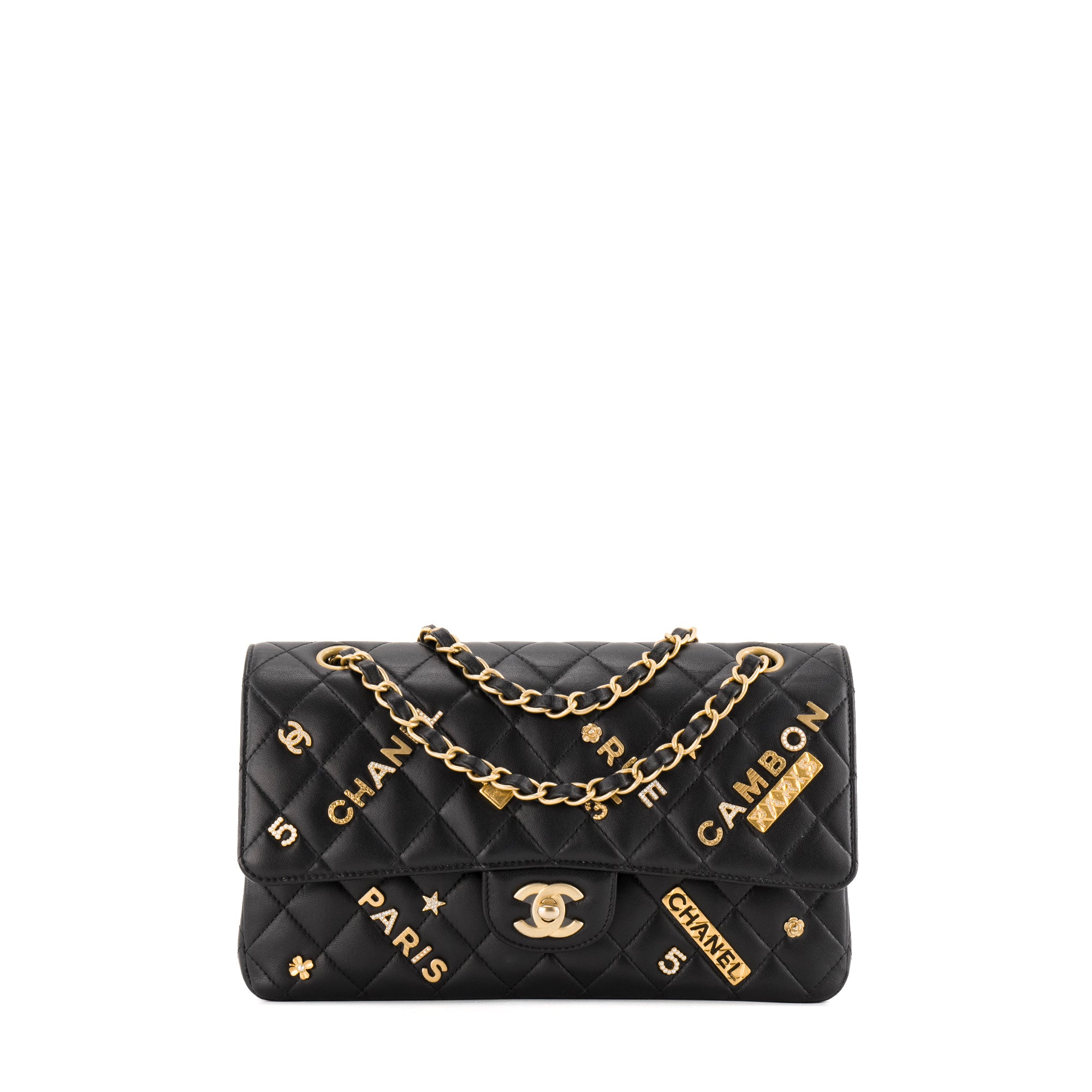 CHANEL - Sac à main Classique/Timeless 11.12 Charms Chanel en cuir lisse noir édition limitée