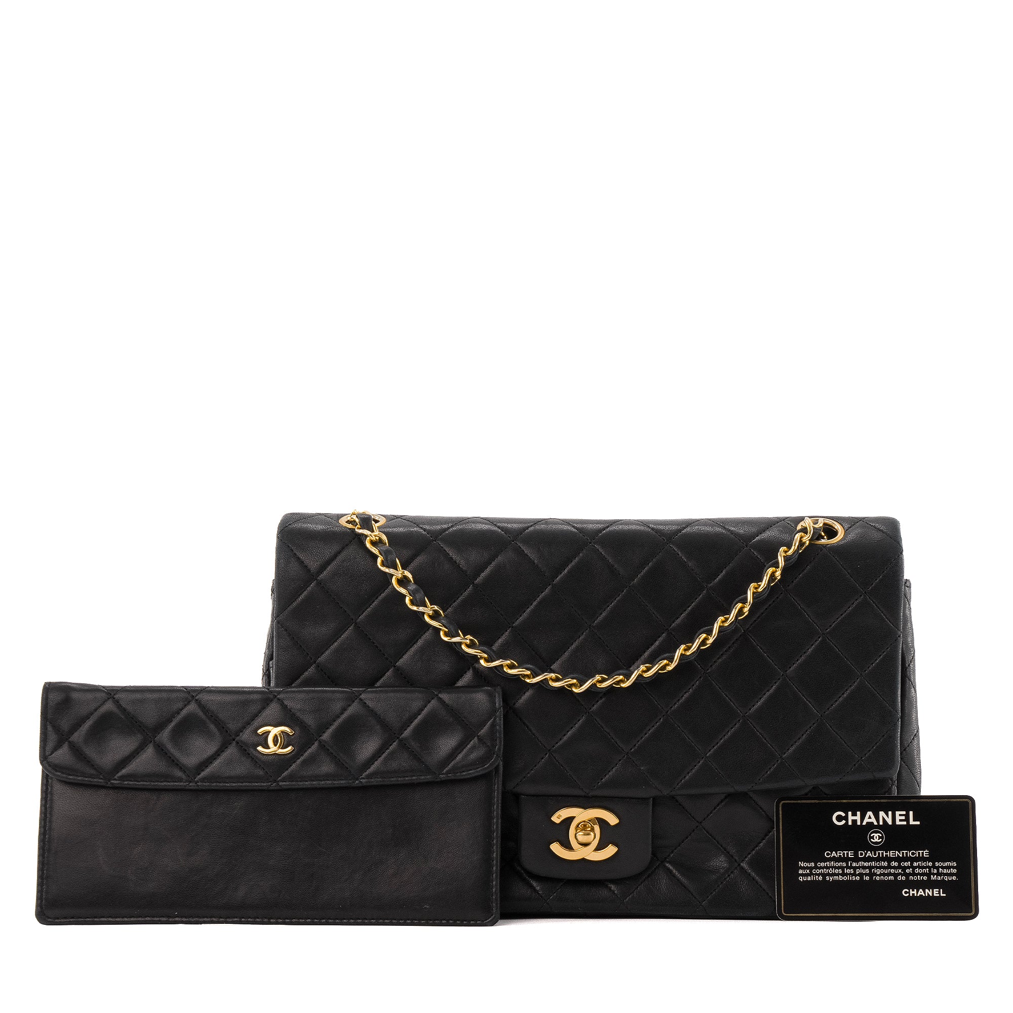 CHANEL - Sac à main Classique/Timeless Chanel en cuir noir avec pochette vintage